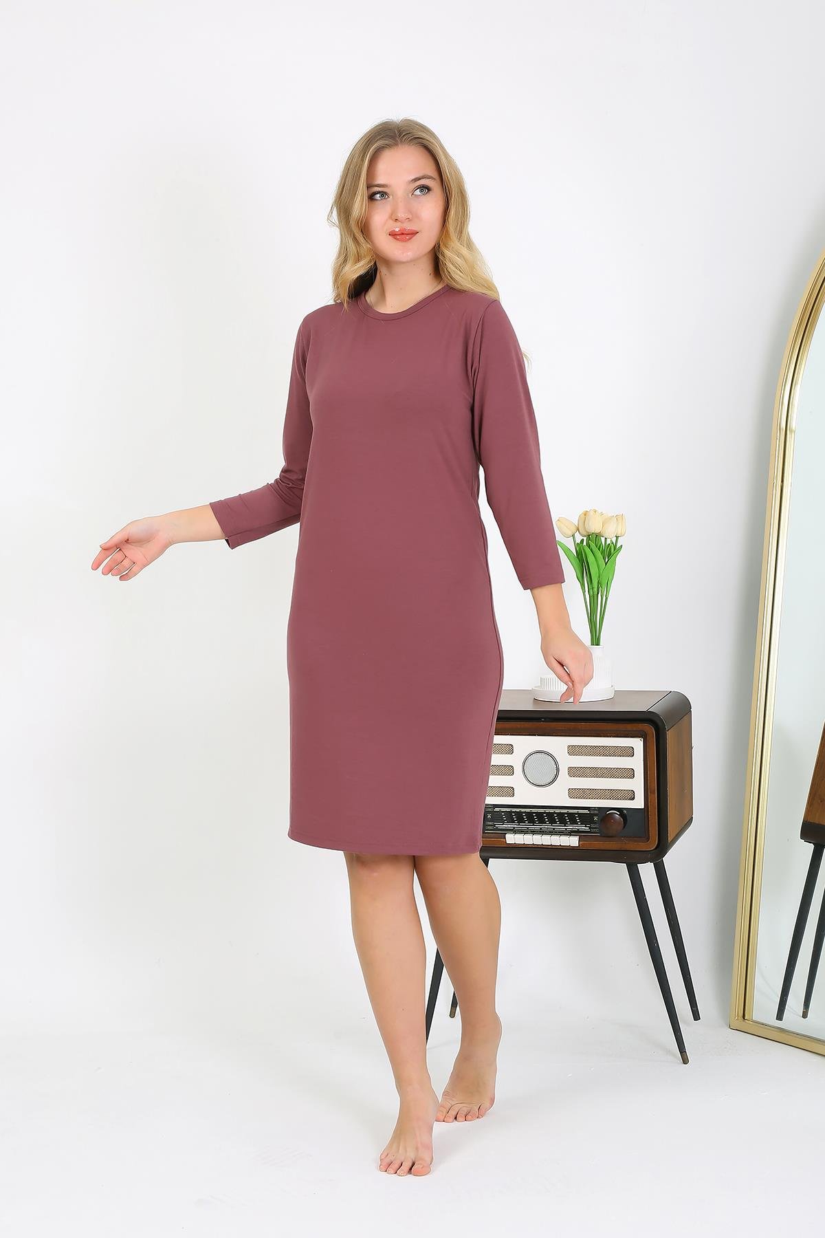 Akbeniz Pamuk Ev Elbisesi Tunik Gecelik Mürdüm 13132