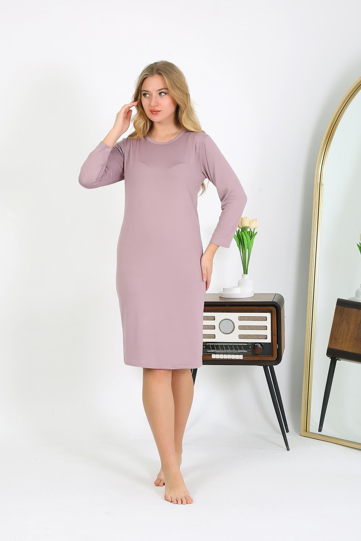 Akbeniz Pamuk Ev Elbisesi Tunik Gecelik Pudra 13132