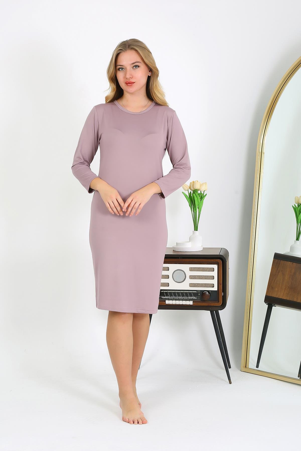 Akbeniz Pamuk Ev Elbisesi Tunik Gecelik Pudra 13132