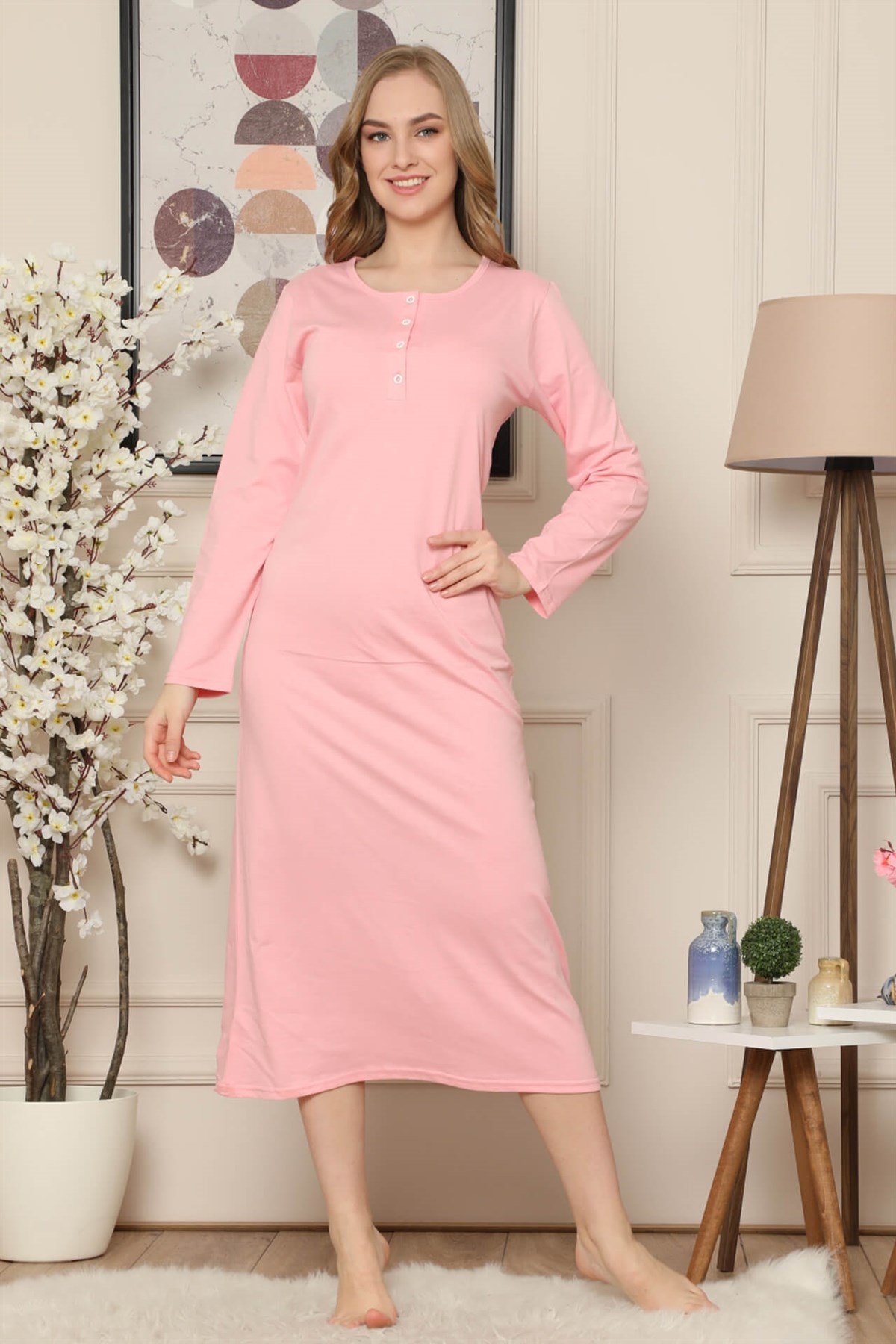 Akbeniz Pembe Renk Penye Uzun Kollu Uzun Gecelik 945