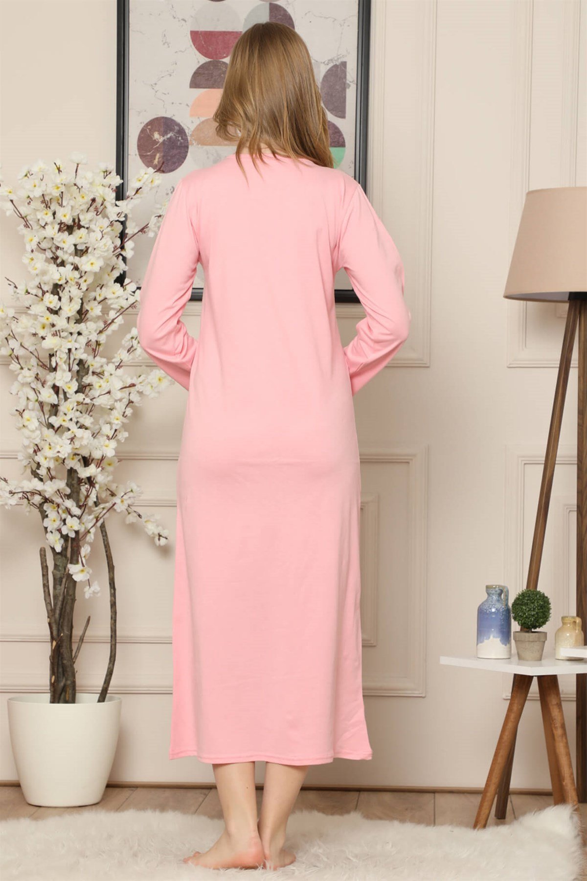 Akbeniz Pembe Renk Penye Uzun Kollu Uzun Gecelik 945