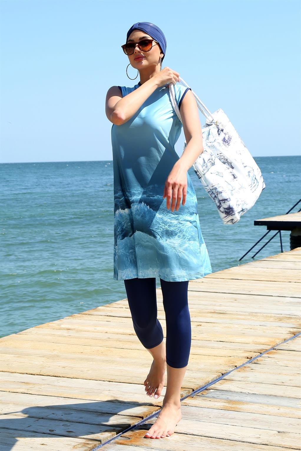 Akbeniz Sıfır Kol Desenli Yarım Tesettür Mayo 33009