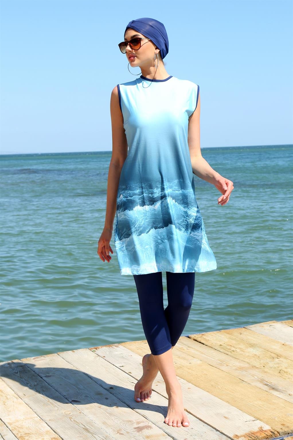 Akbeniz Sıfır Kol Desenli Yarım Tesettür Mayo 33009