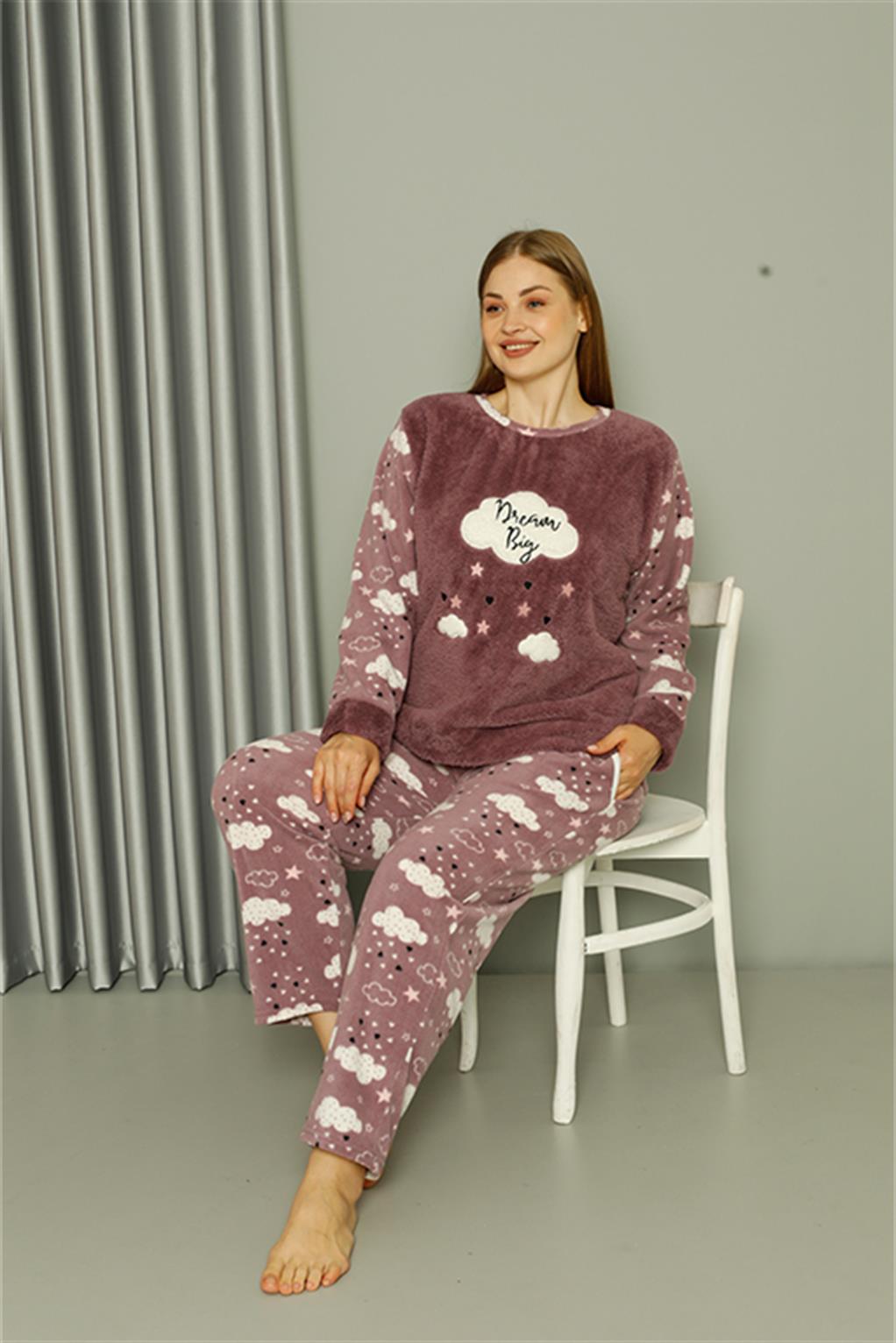 Akbeniz Welsoft Polar Kadın Büyük Beden Lila Pijama Takımı 808044