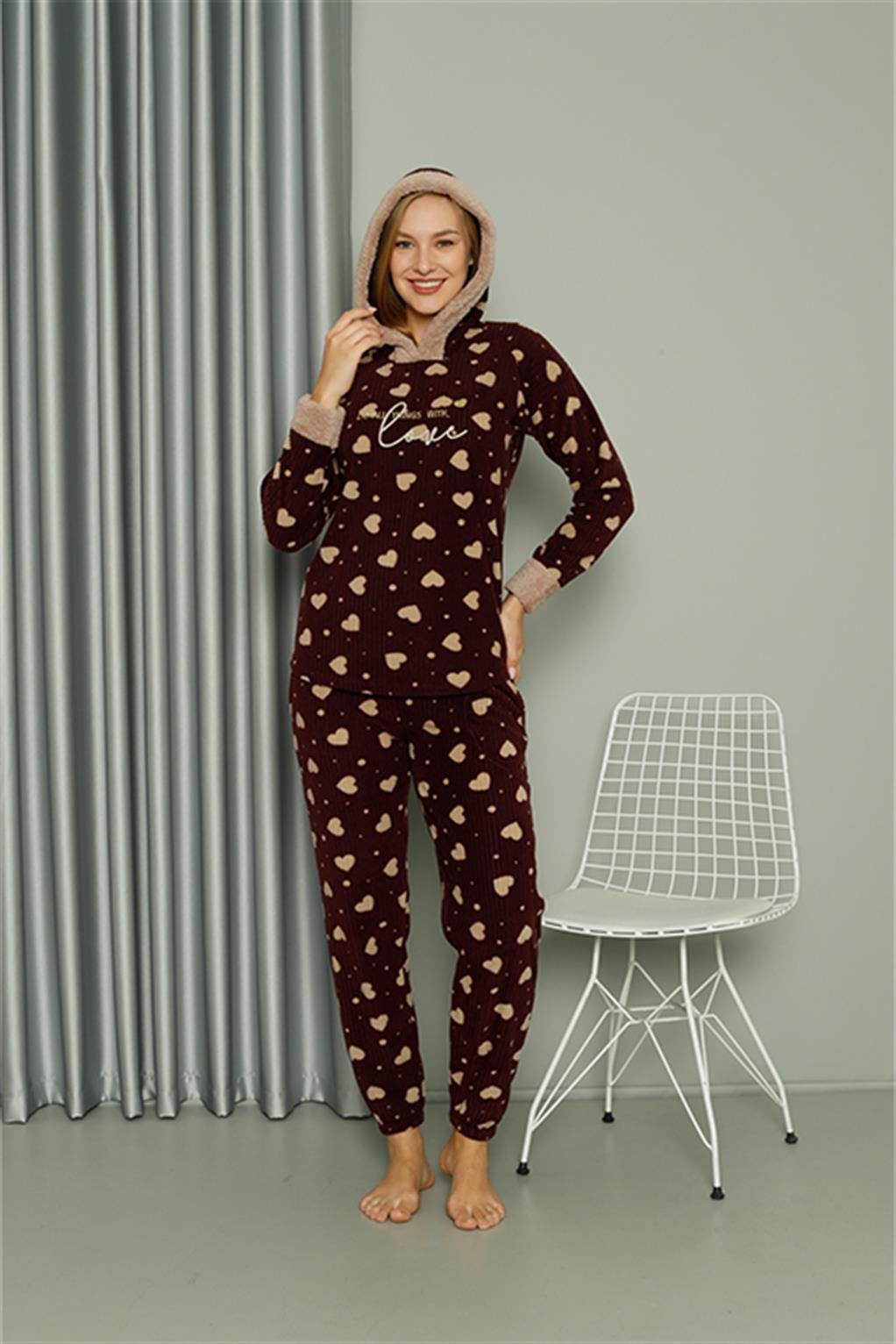 Akbeniz Welsoft Polar Kadın Kapşonlu Pijama Takımı 8513