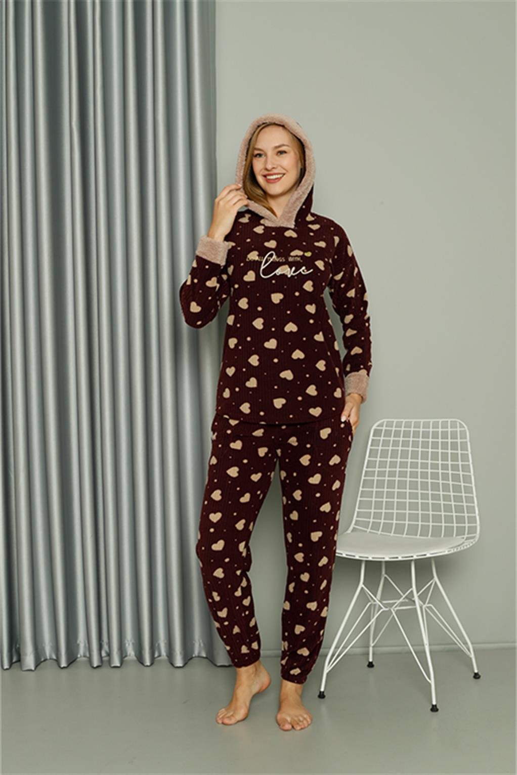 Akbeniz Welsoft Polar Kadın Kapşonlu Pijama Takımı 8513