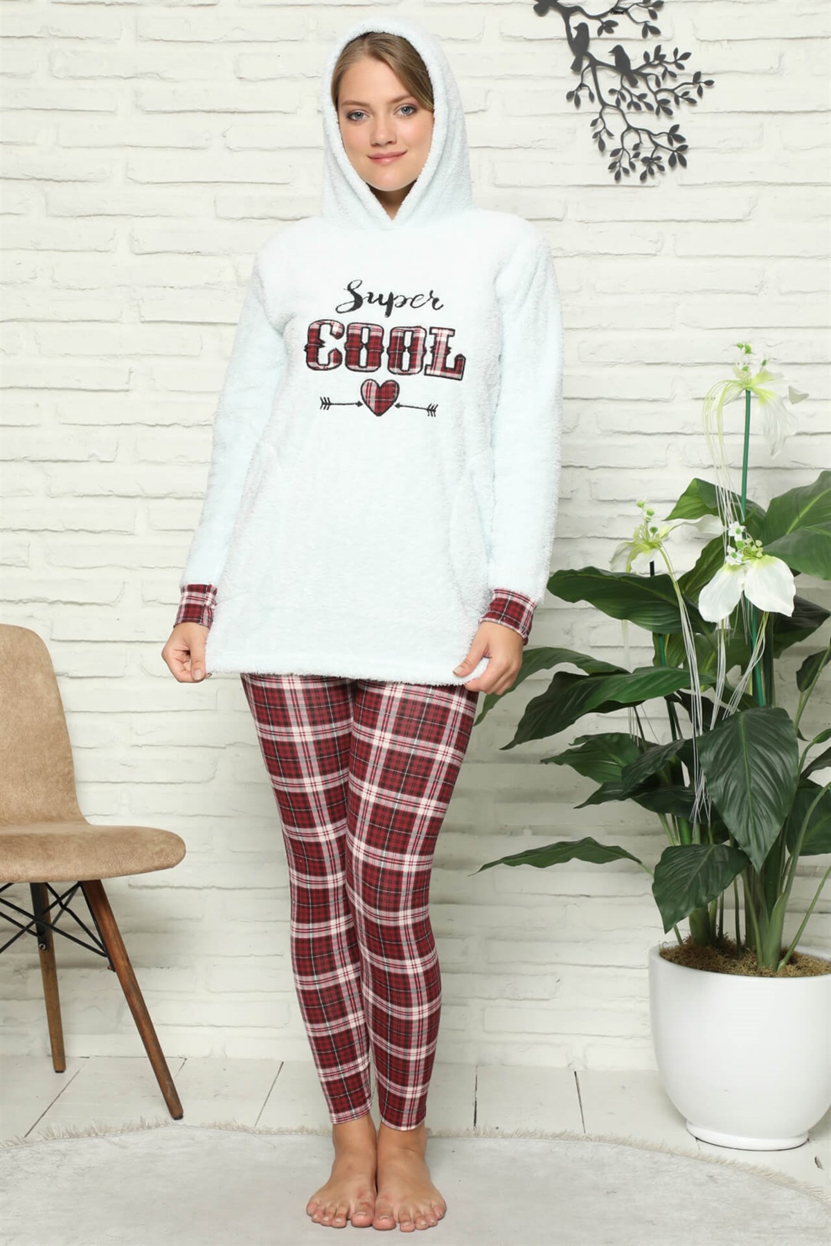 Akbeniz Welsoft Polar Kapşonlu Taytlı Kadın Pijama Takımı 8090