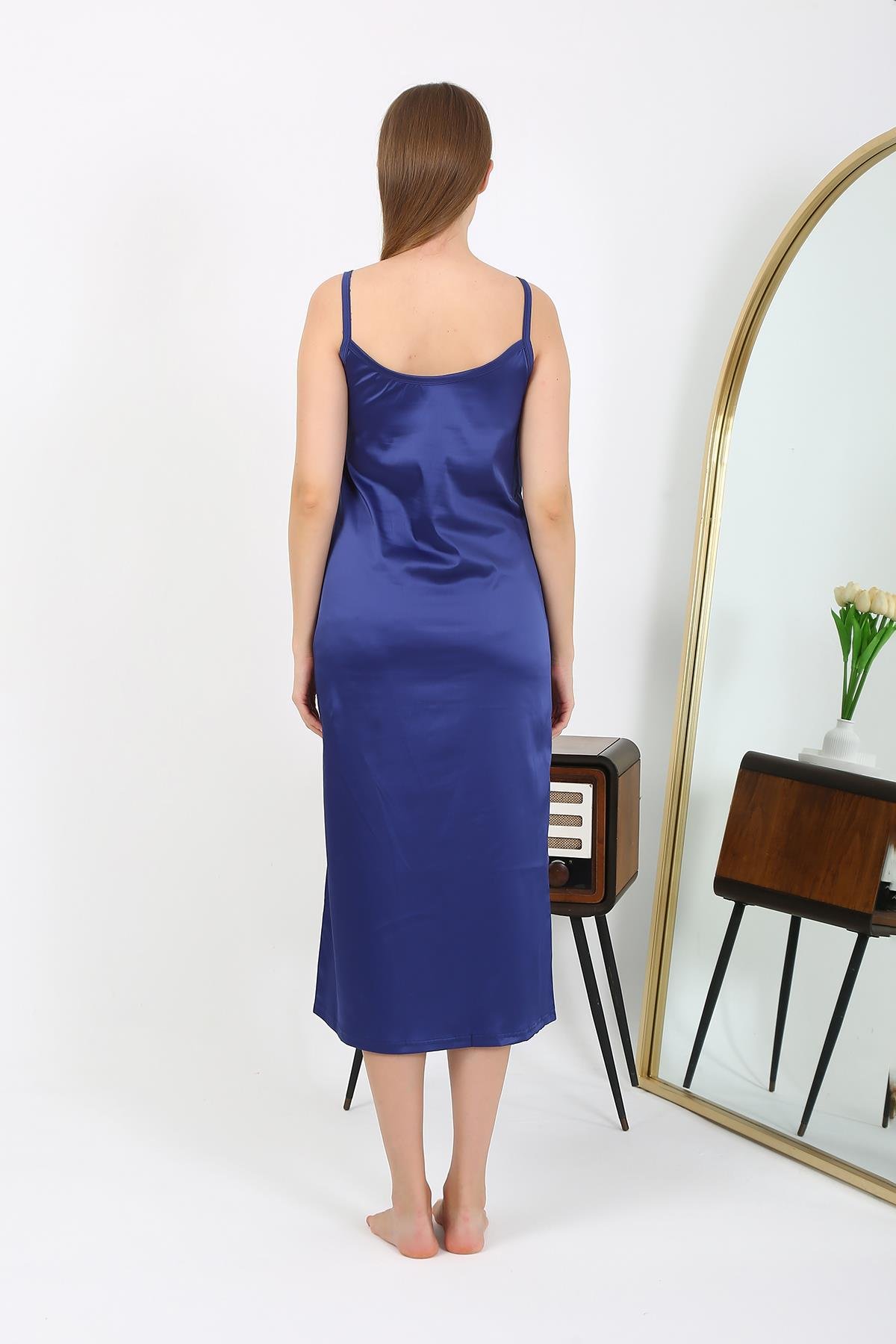 Akbeniz Yırtmaçlı Uzun Saten Gecelik Lacivert 7410