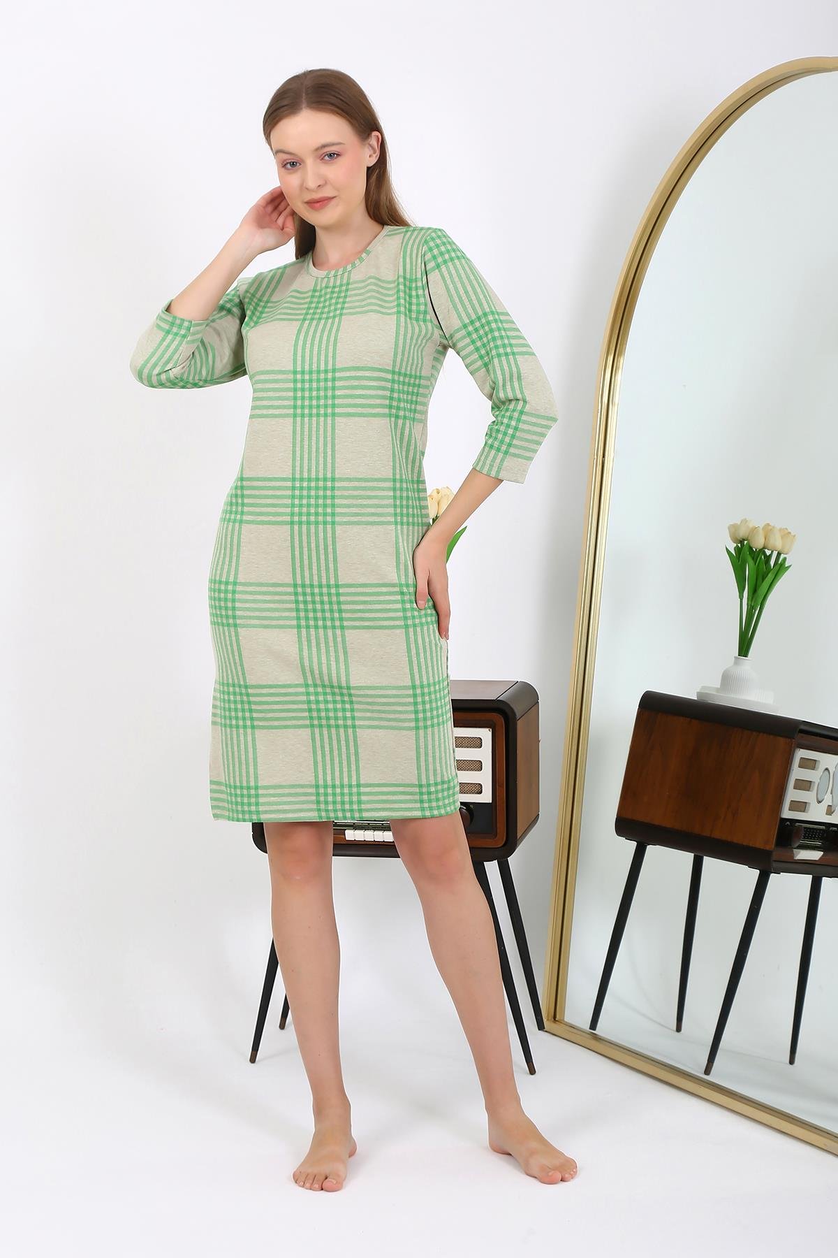 Akebeniz Pamuk Ev Elbisesi Tunik Gecelik Yeşil 13131