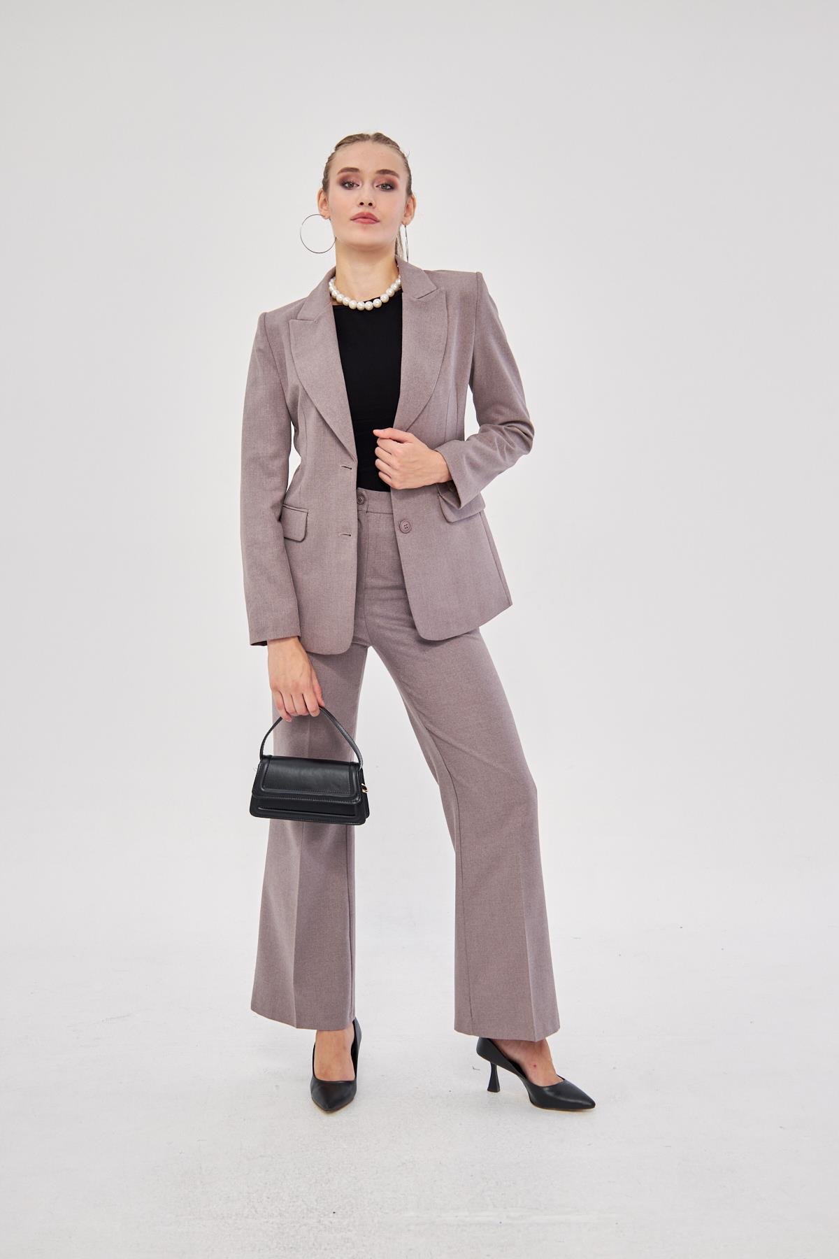 2 Düğme Flanel Desenli Takım Kahve