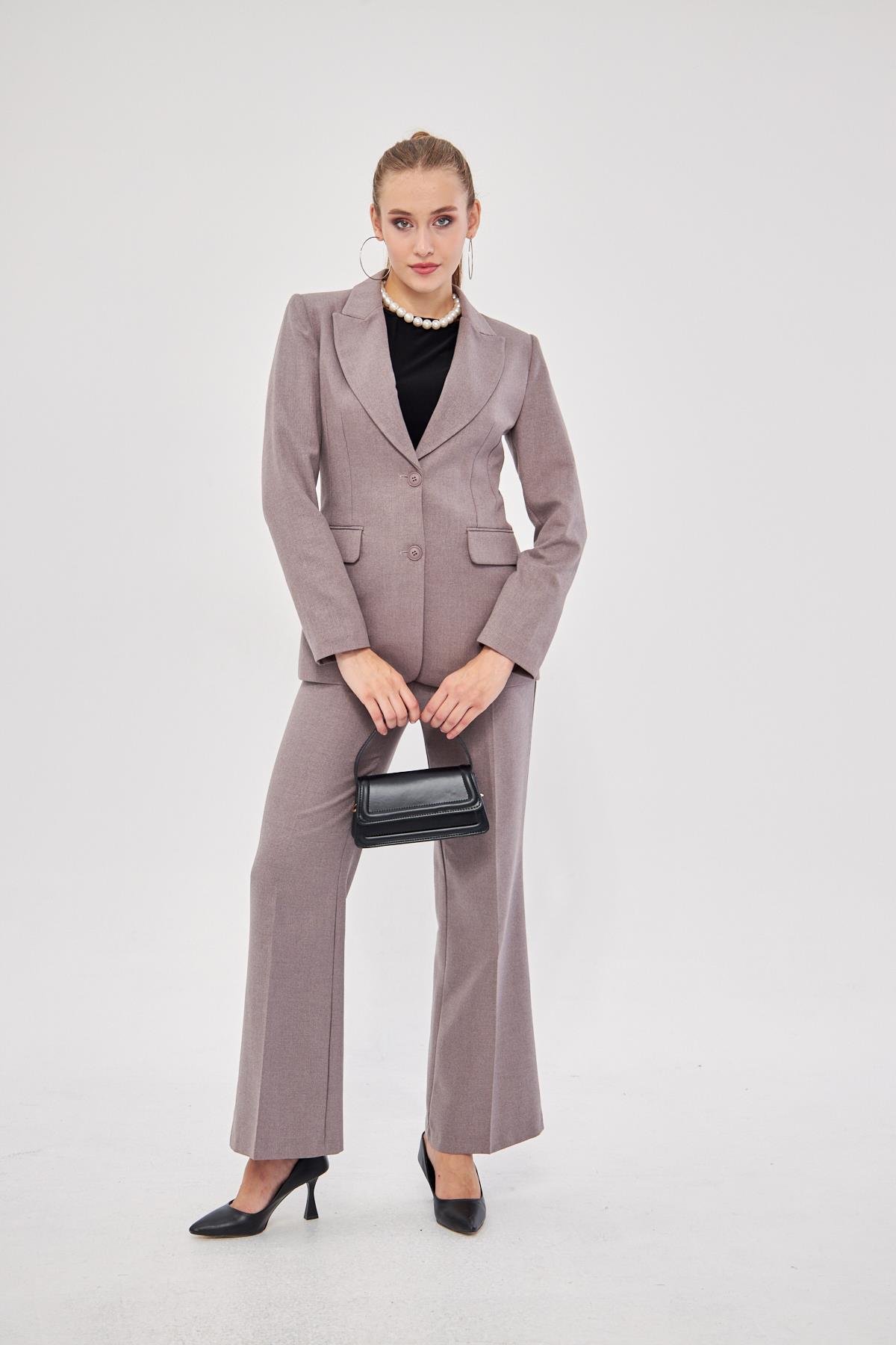 2 Düğme Flanel Desenli Takım Kahve