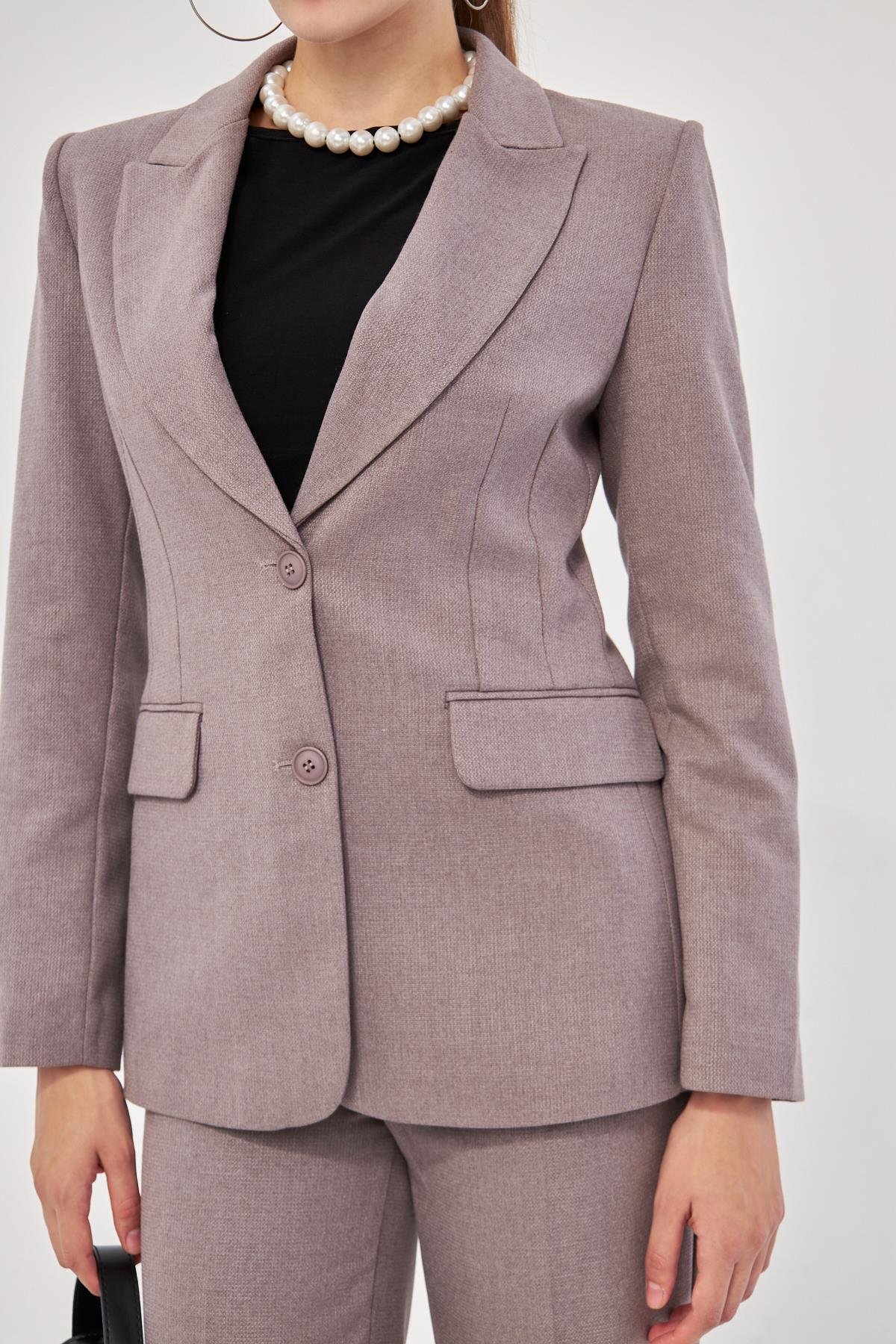 2 Düğme Flanel Desenli Takım Kahve