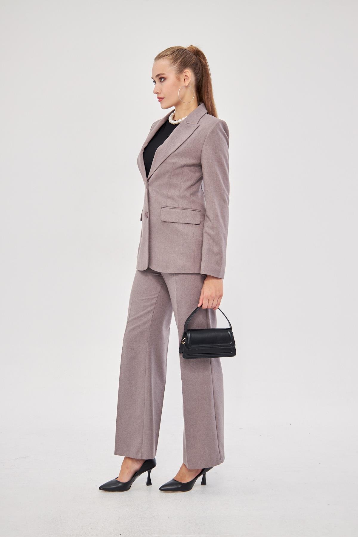 2 Düğme Flanel Desenli Takım Kahve