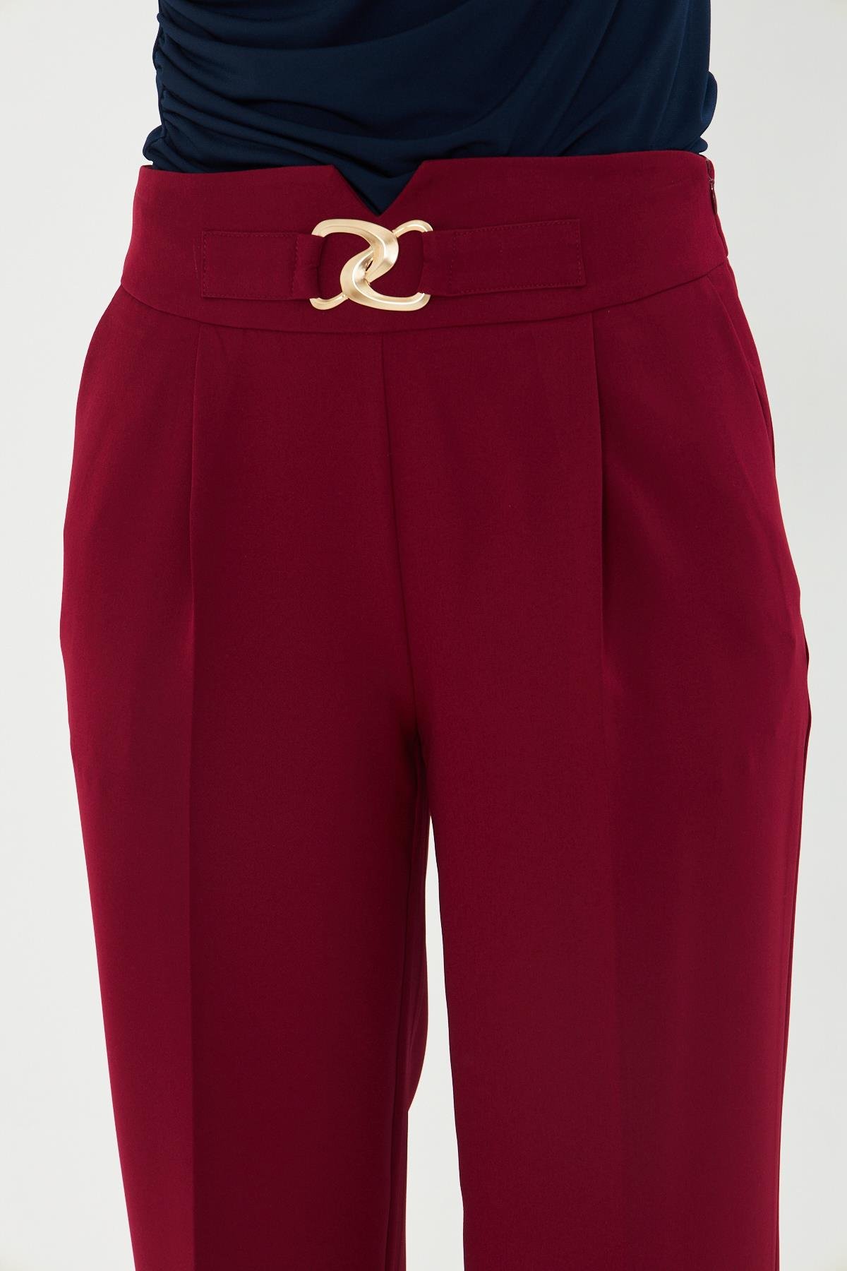 Gold Aksesuarlı Bol Paça Pantolon Bordo