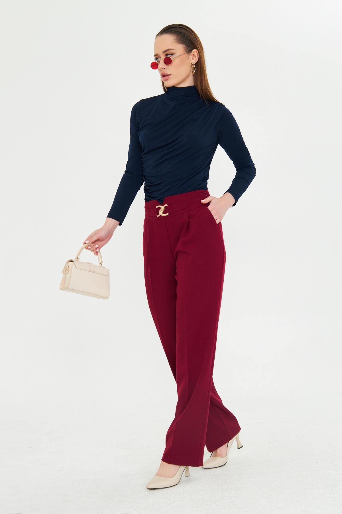 Gold Aksesuarlı Bol Paça Pantolon Bordo