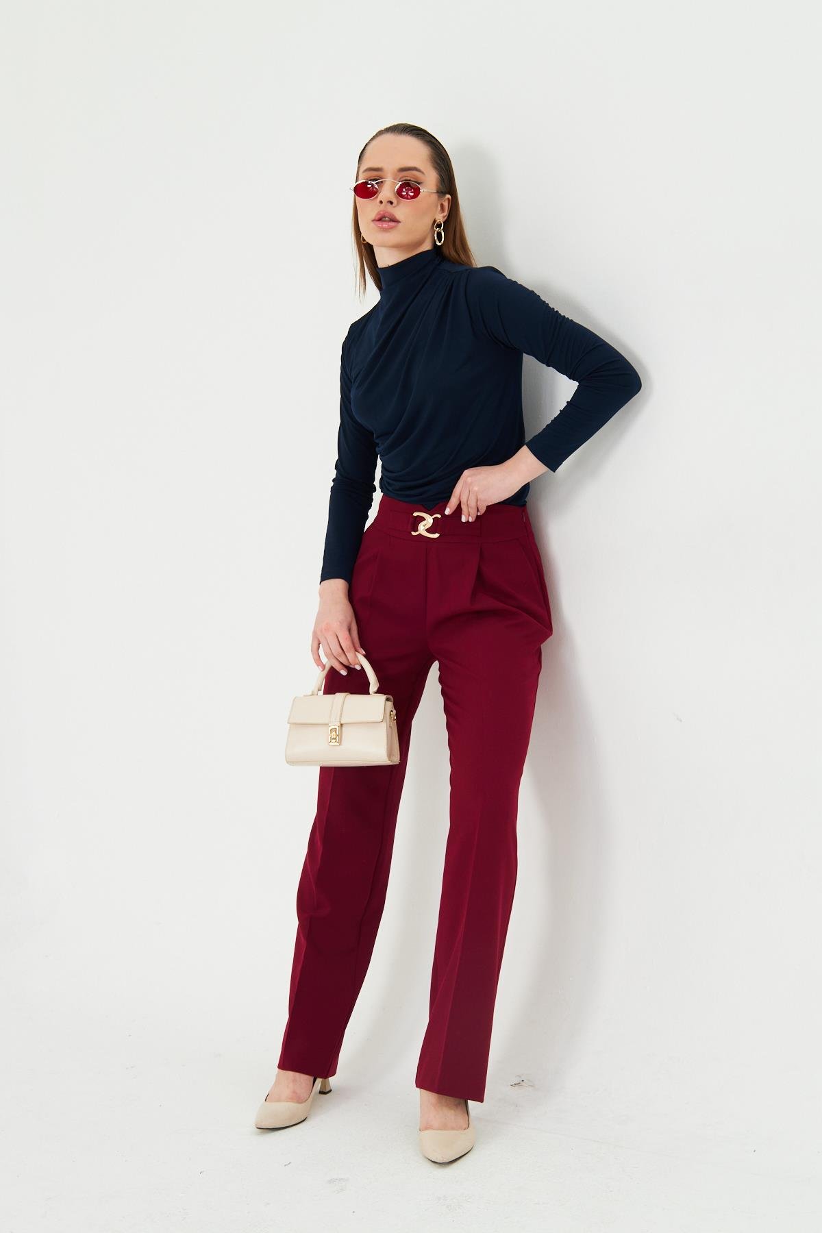Gold Aksesuarlı Bol Paça Pantolon Bordo