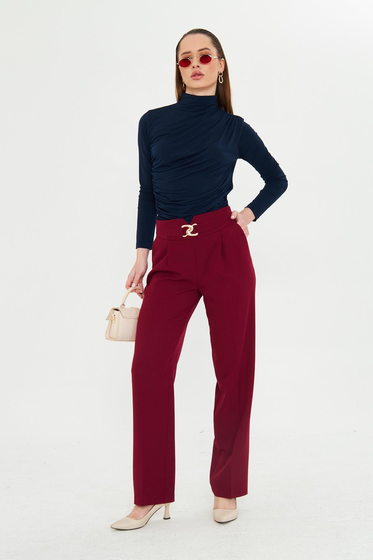 Gold Aksesuarlı Bol Paça Pantolon Bordo