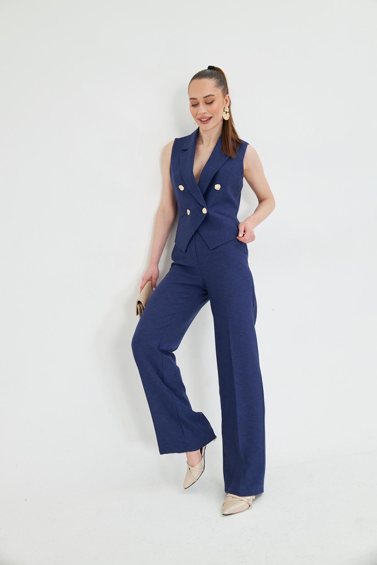 Gold Düğmeli Kısa Yelek Takım Lacivert