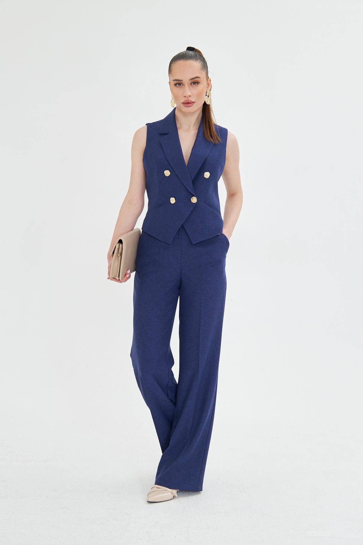 Gold Düğmeli Kısa Yelek Takım Lacivert