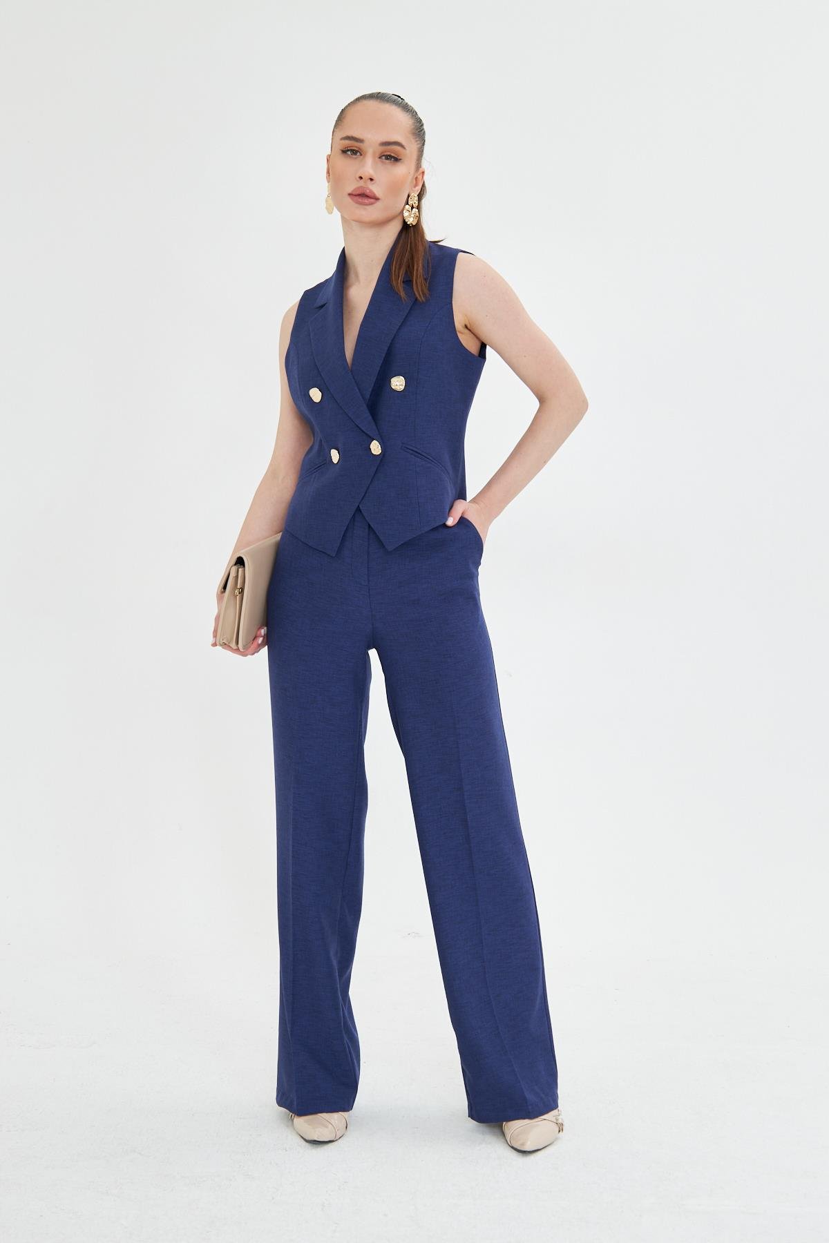 Gold Düğmeli Kısa Yelek Takım Lacivert