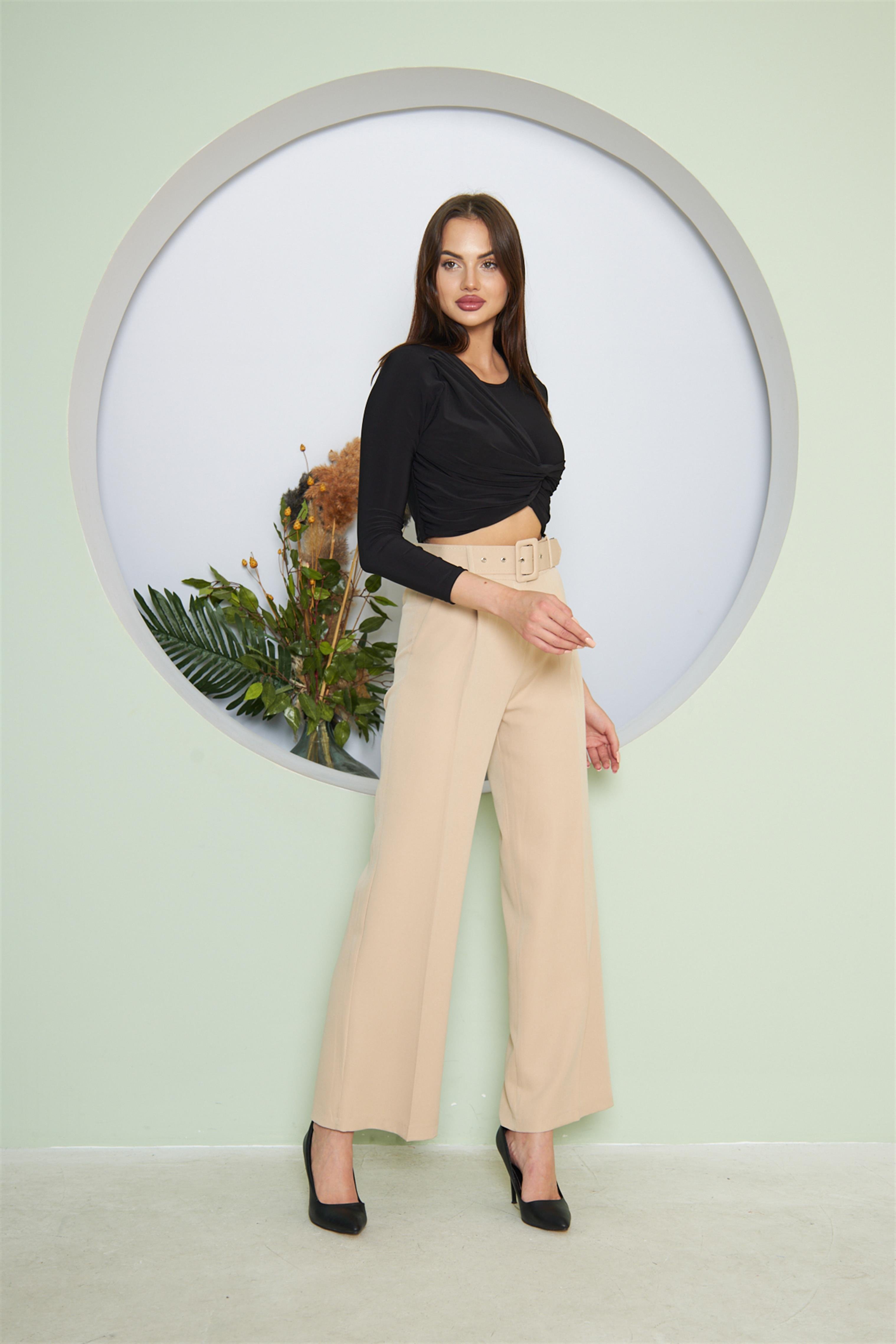 Kemerli Bol Paça Pantolon Bej