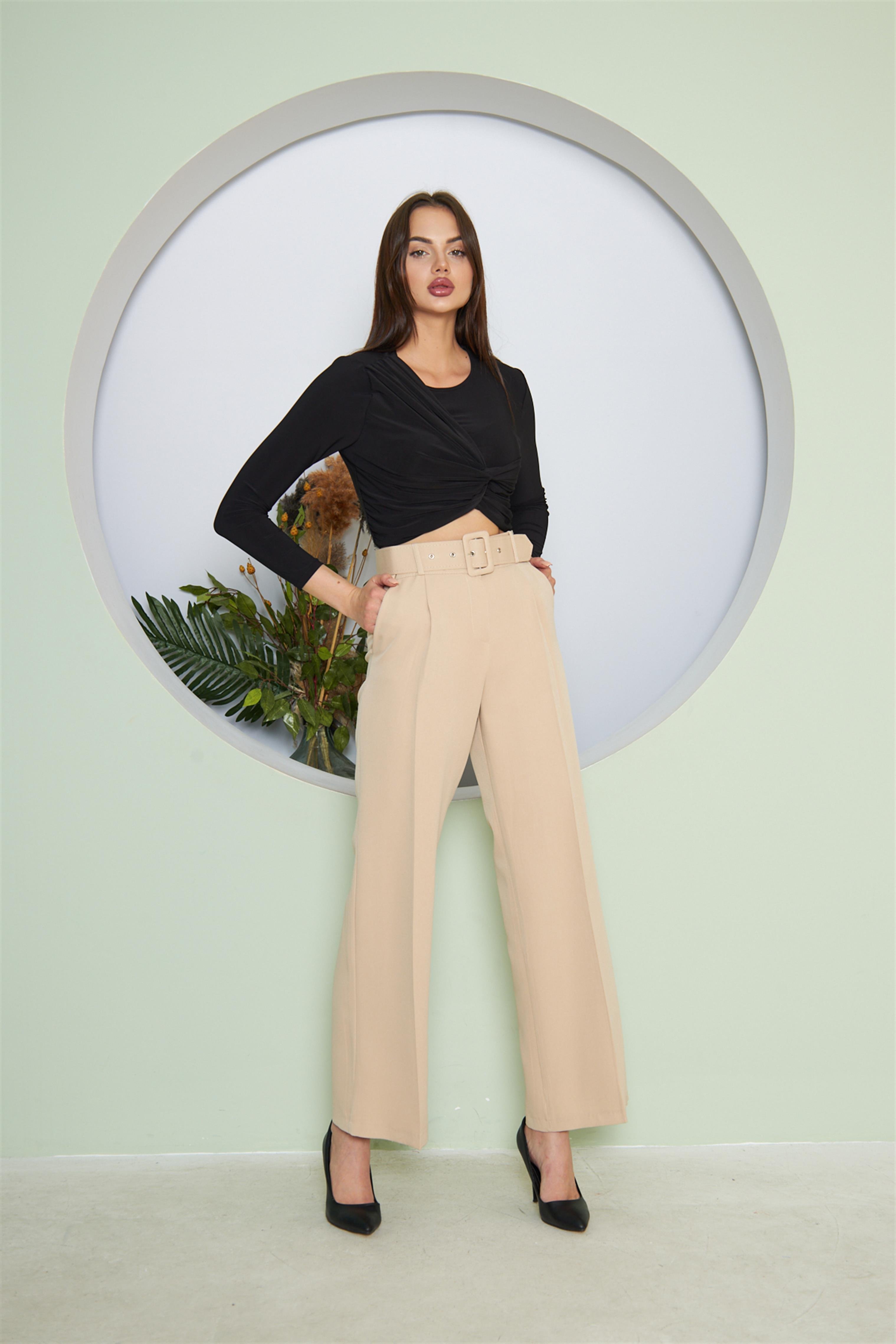 Kemerli Bol Paça Pantolon Bej