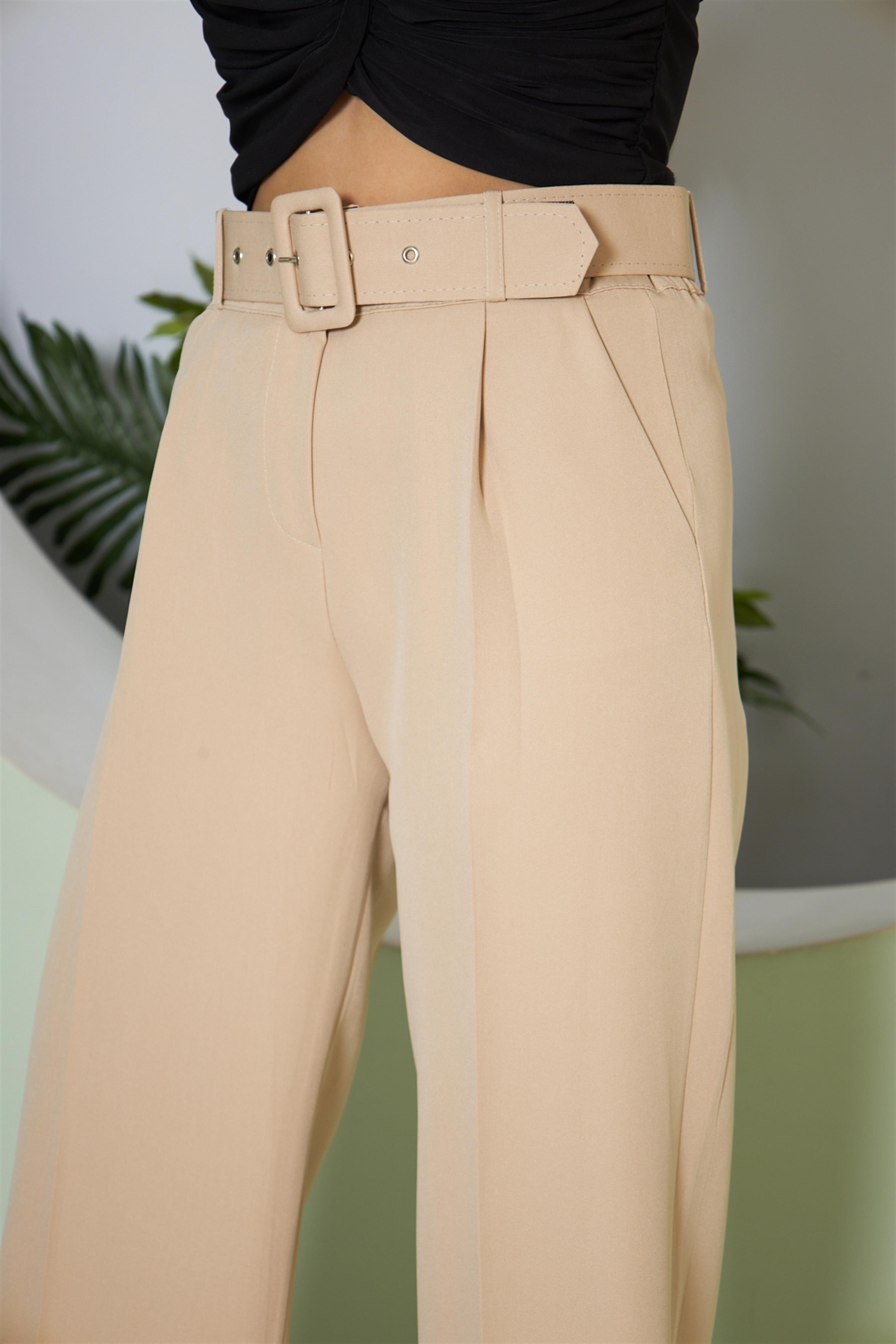 Kemerli Bol Paça Pantolon Bej