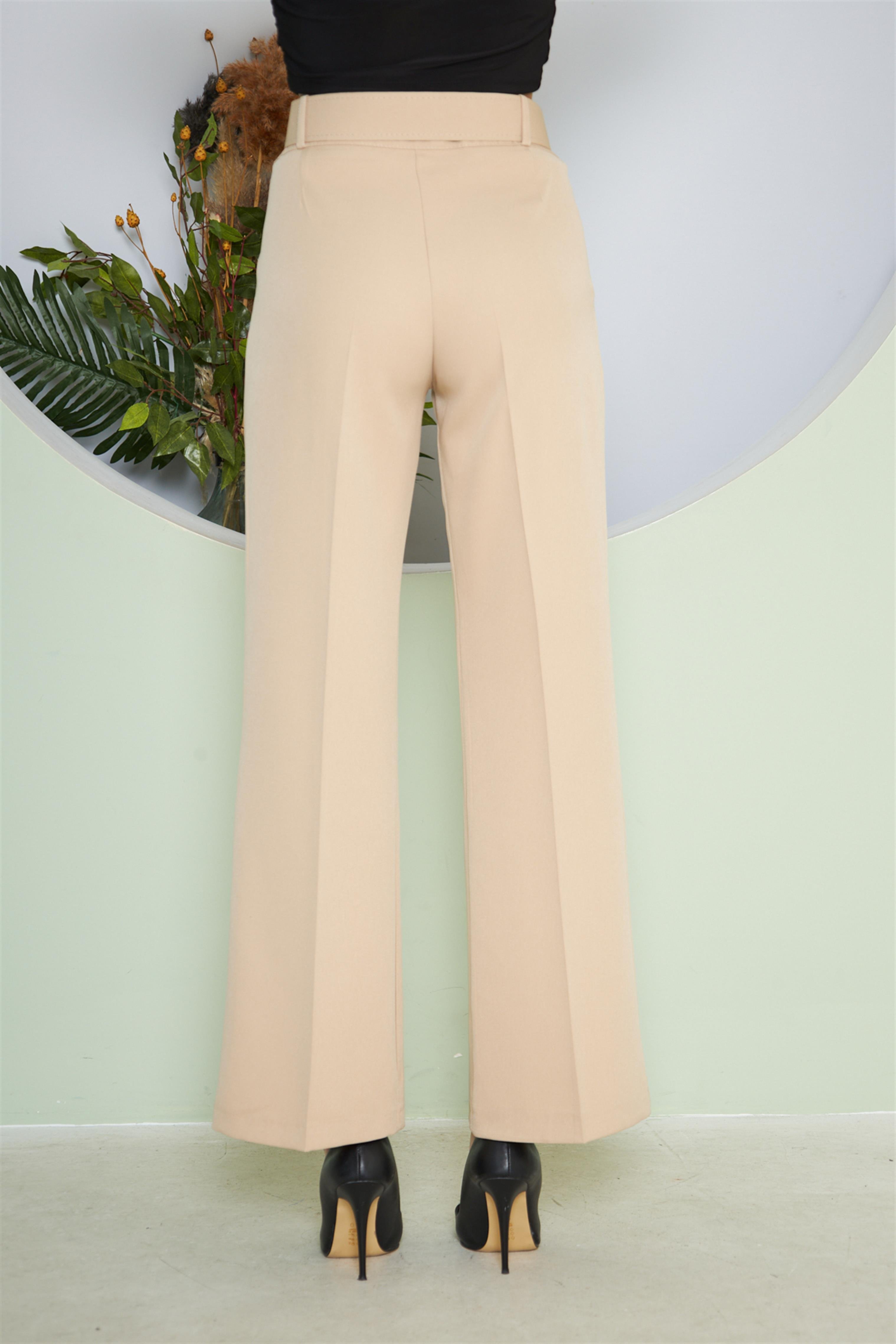 Kemerli Bol Paça Pantolon Bej