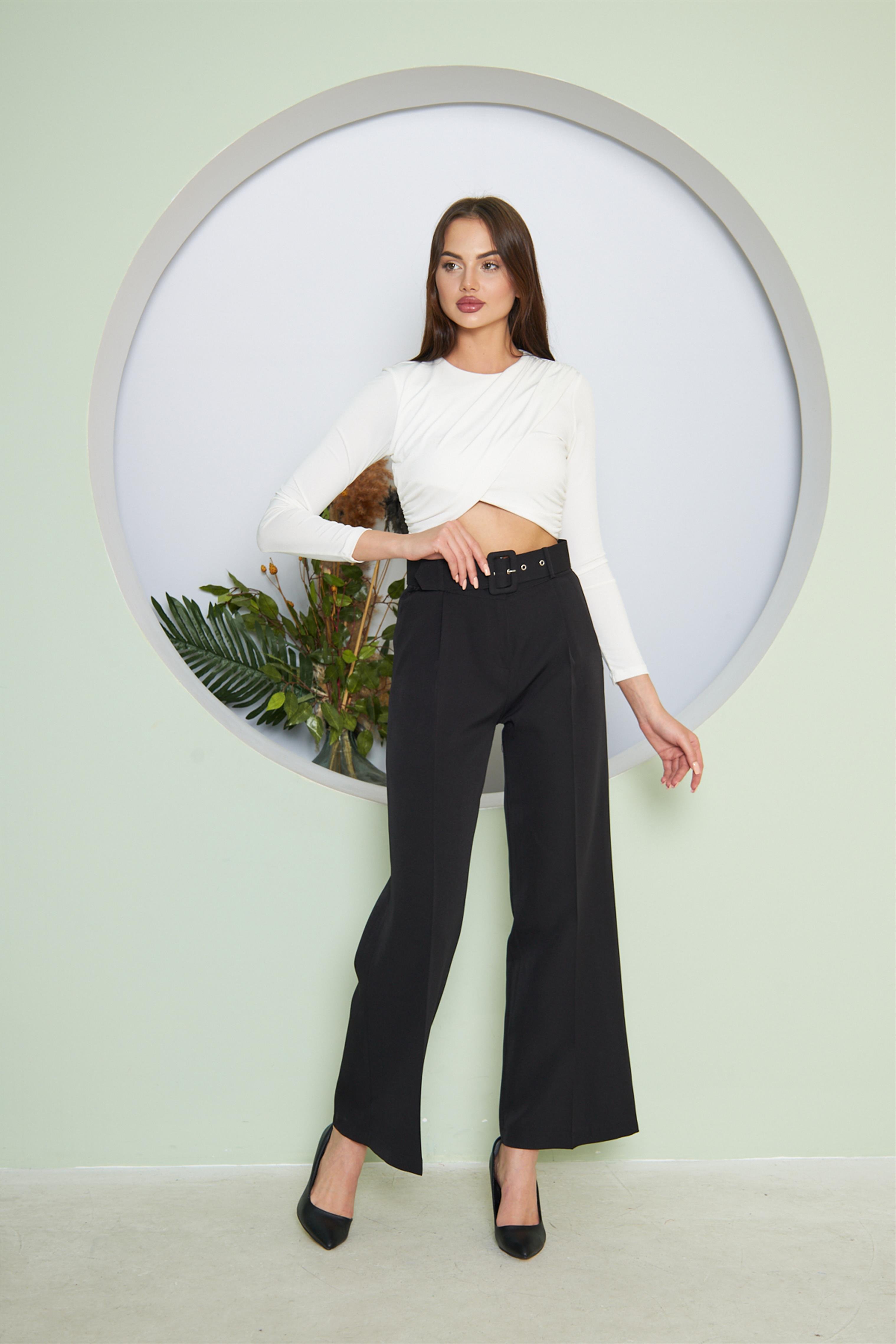 Kemerli Bol Paça Pantolon Siyah
