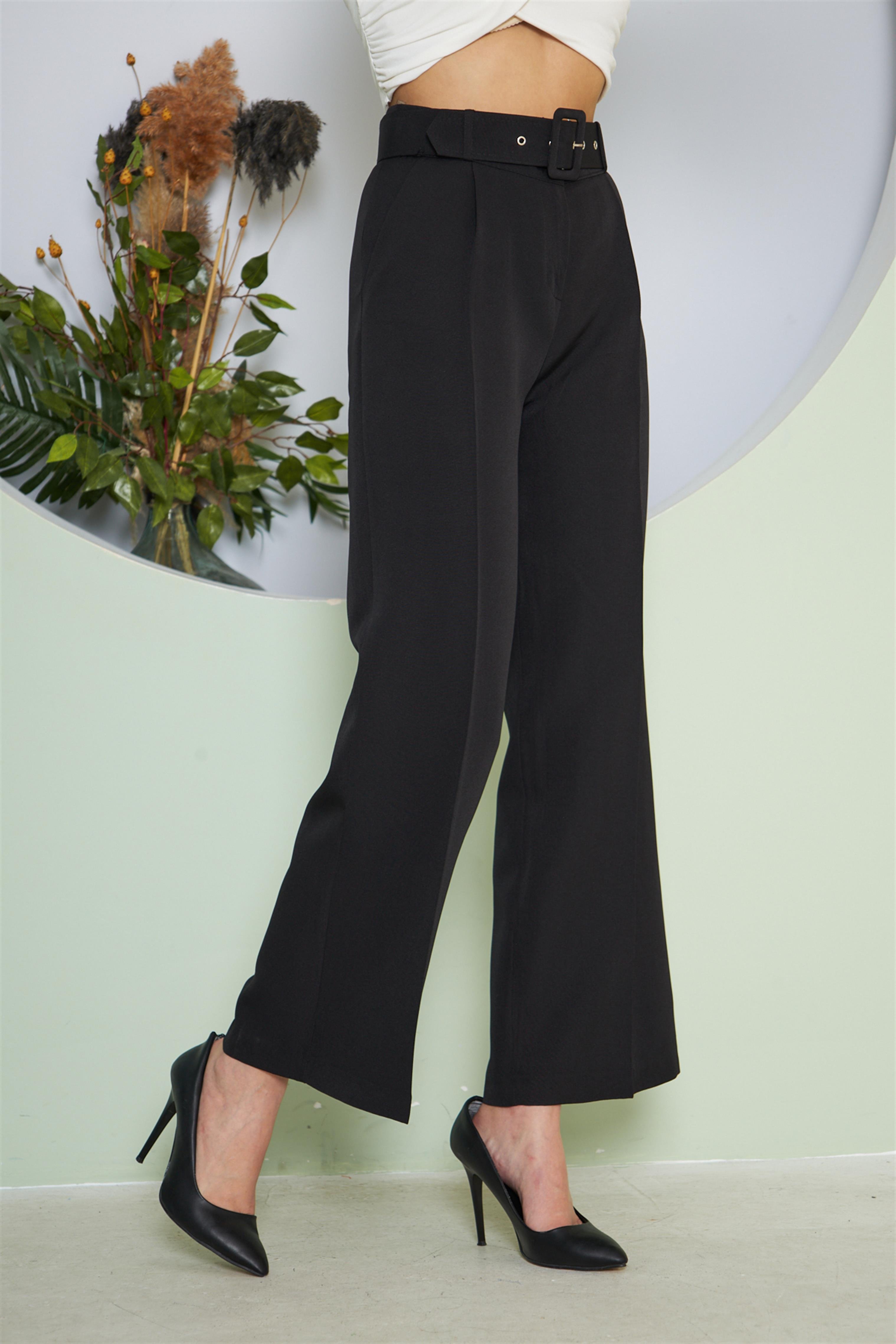 Kemerli Bol Paça Pantolon Siyah