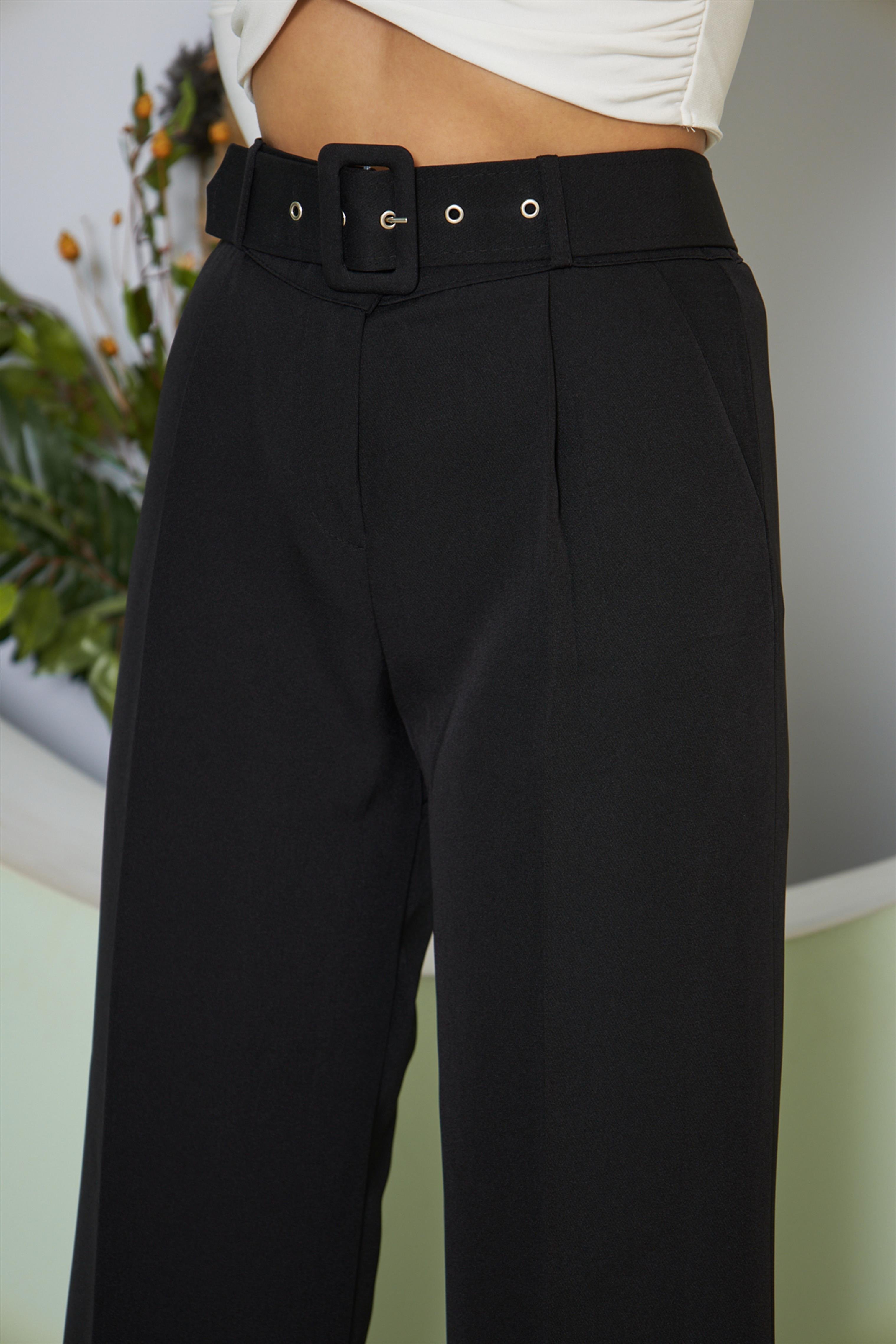 Kemerli Bol Paça Pantolon Siyah