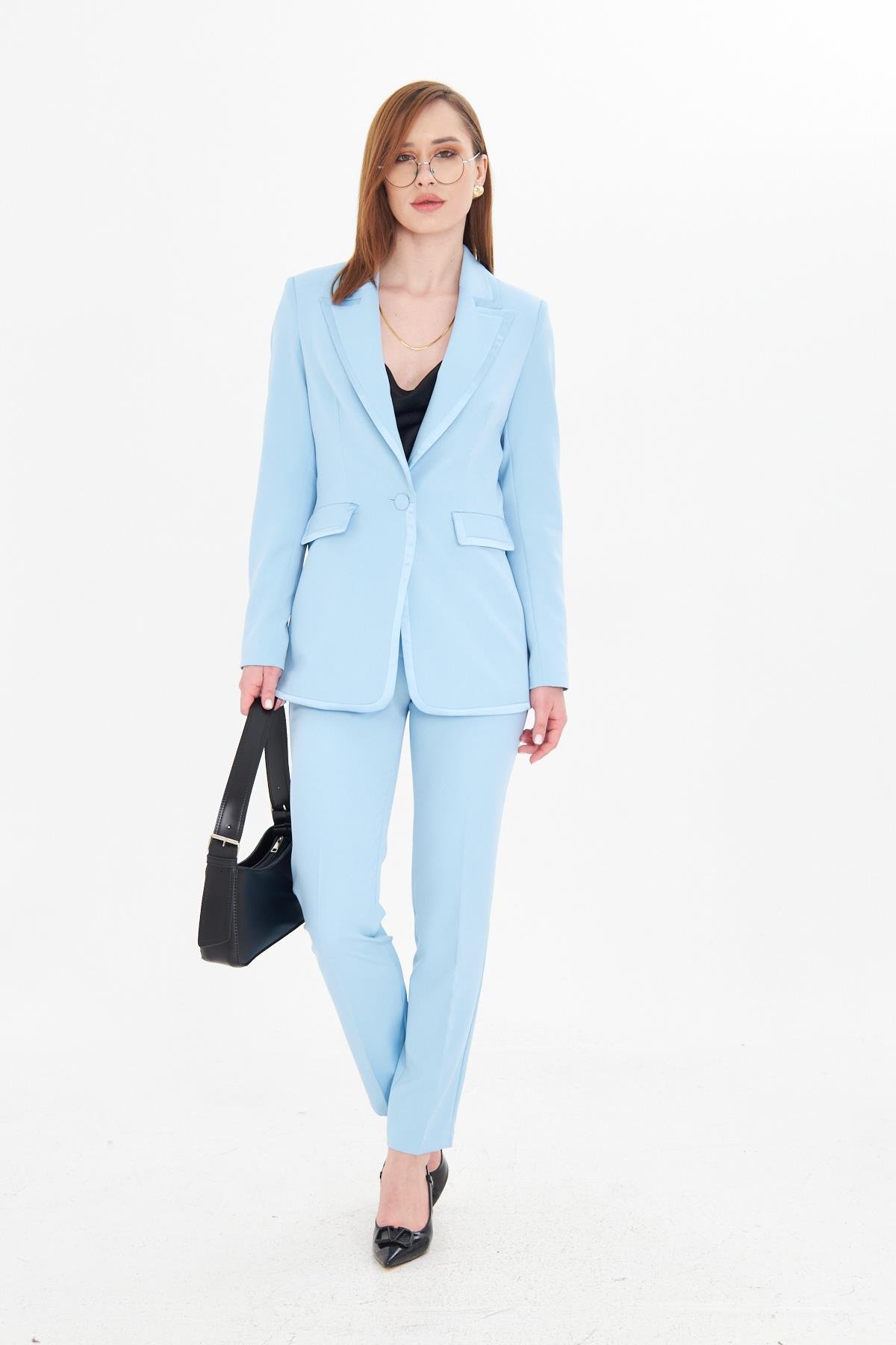 Yakası Saten Biyeli Takım Bebe Mavi