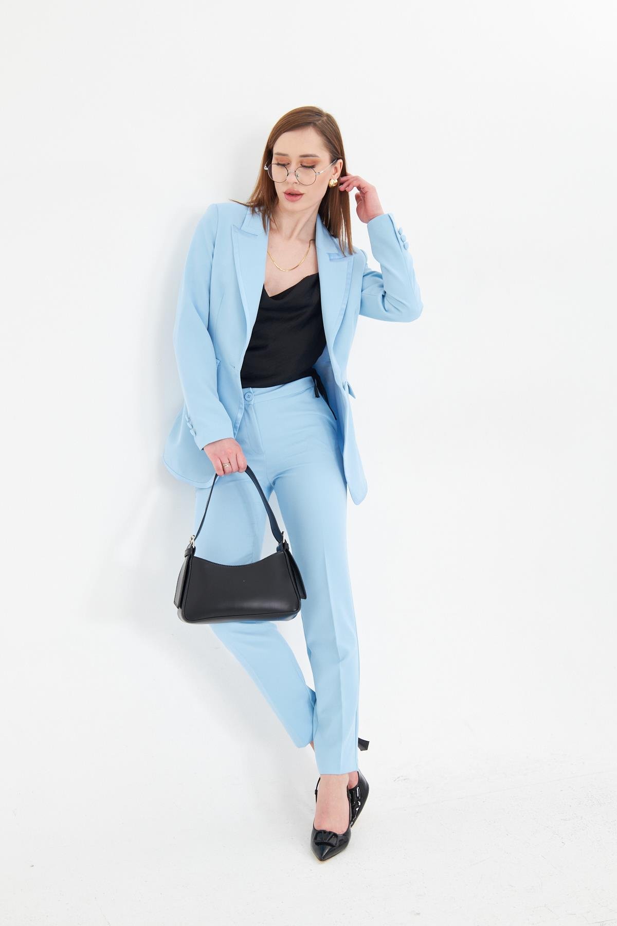 Yakası Saten Biyeli Takım Bebe Mavi