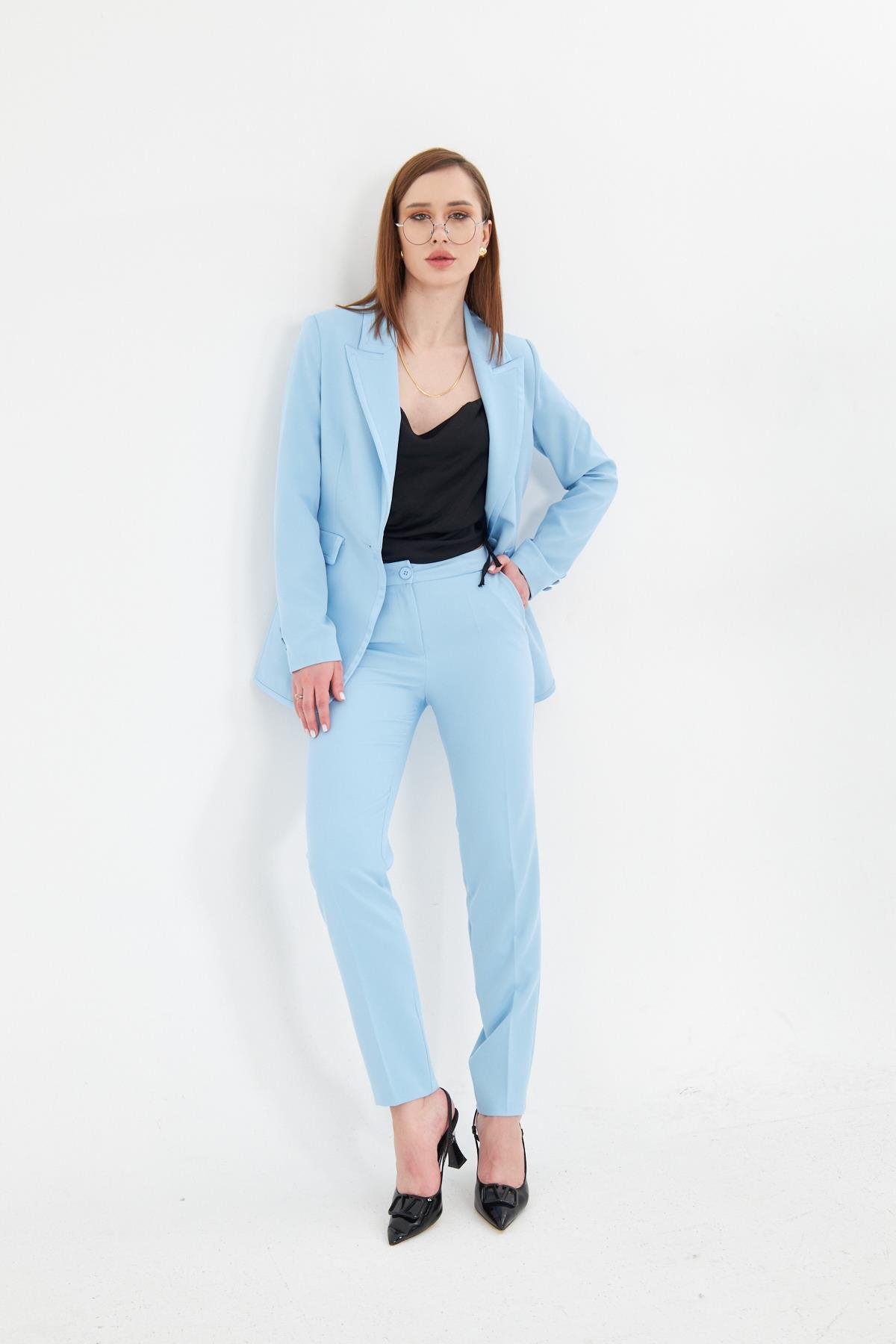 Yakası Saten Biyeli Takım Bebe Mavi