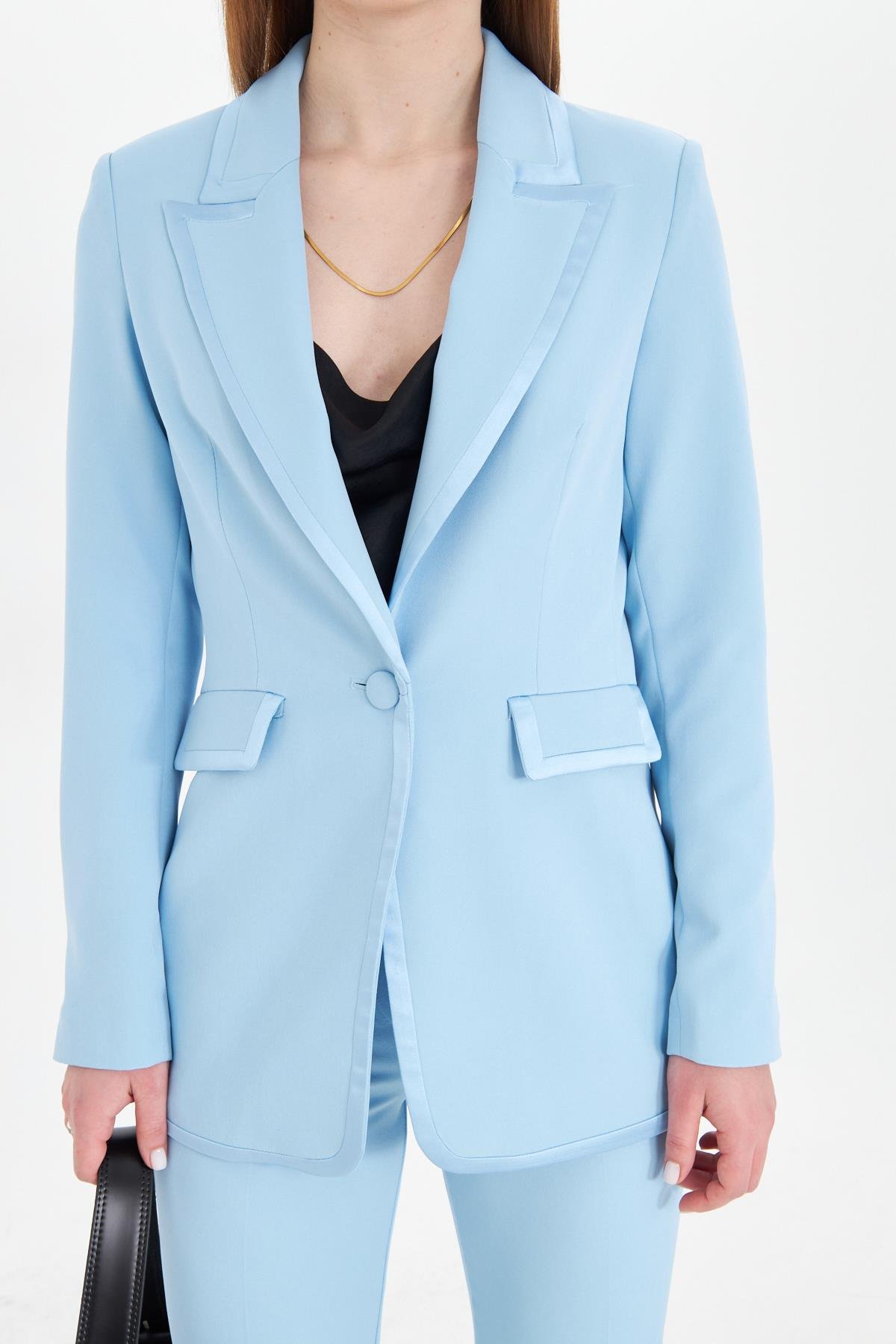 Yakası Saten Biyeli Takım Bebe Mavi