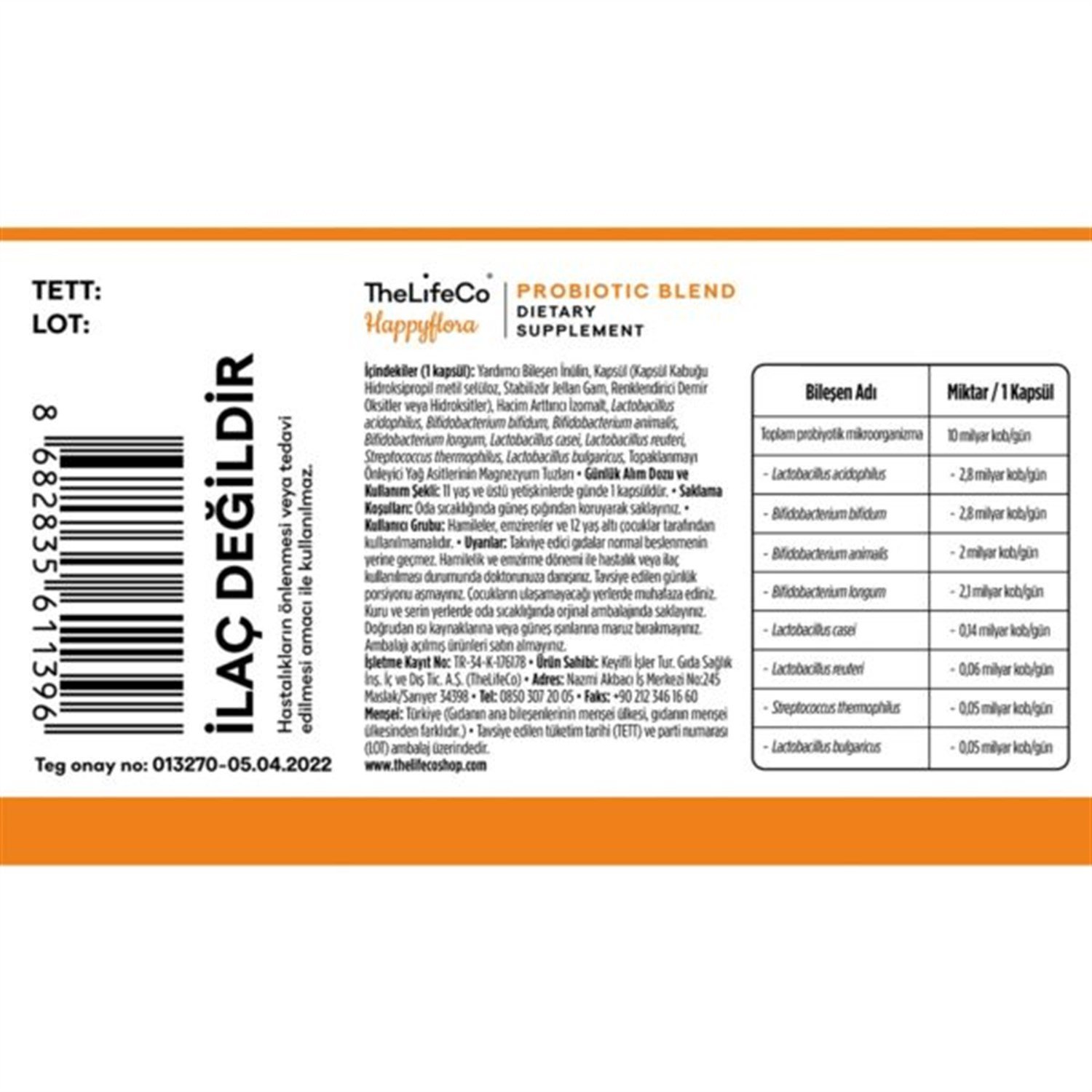 Thelifeco Happyflora Probiyotik Mikroorganizma İçeren Takviye Edici Gıda