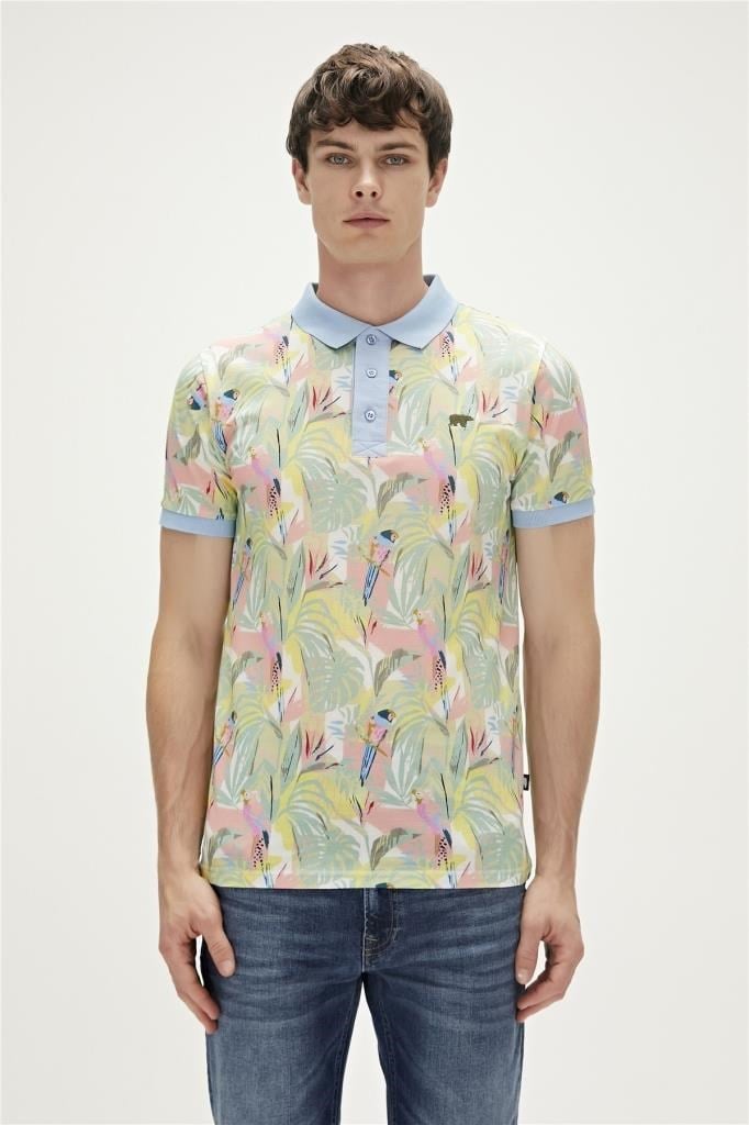BadBear Parrot Gök Mavi Polo Yaka Desenli Erkek T-shirt