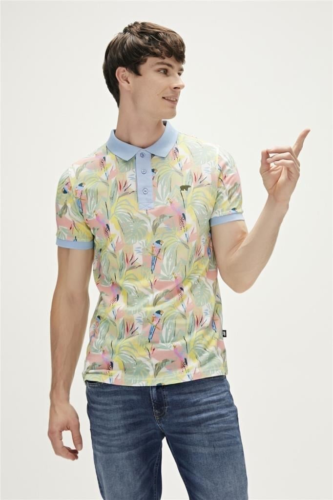 BadBear Parrot Gök Mavi Polo Yaka Desenli Erkek T-shirt