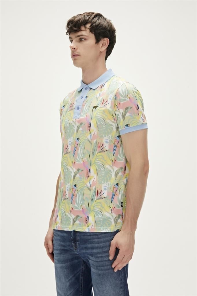 BadBear Parrot Gök Mavi Polo Yaka Desenli Erkek T-shirt