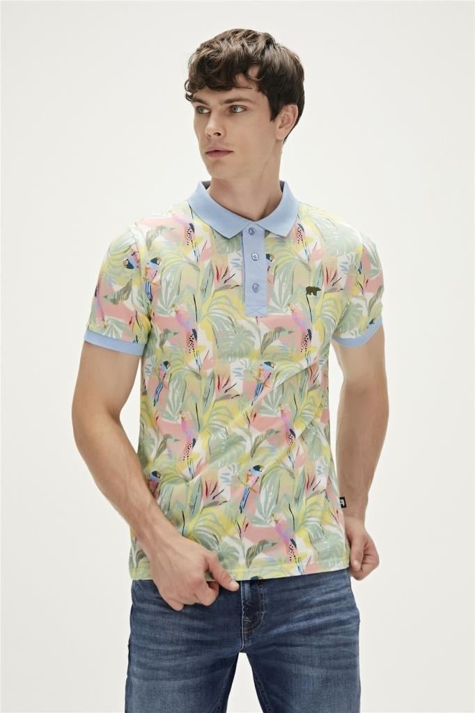 BadBear Parrot Gök Mavi Polo Yaka Desenli Erkek T-shirt