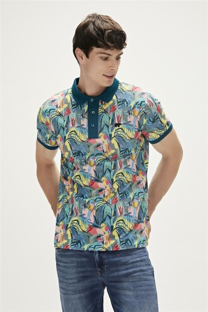BadBear Parrot Thyme Yeşil Polo Yaka Desenli Erkek T-shirt