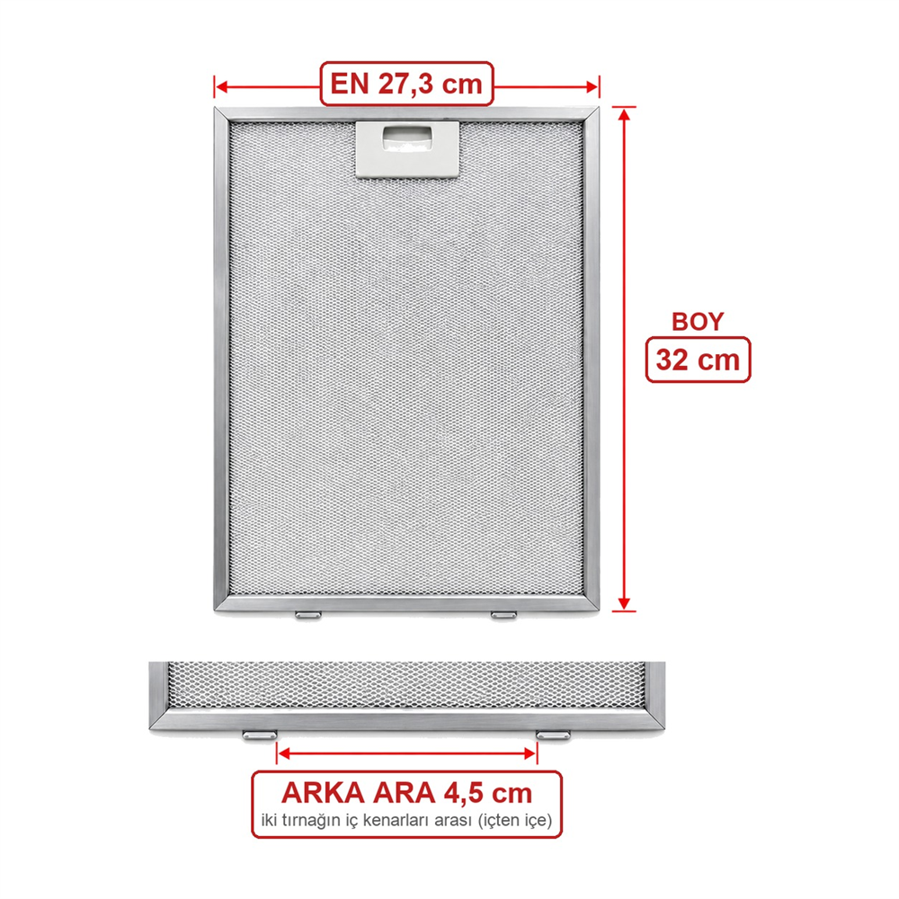 En 27,3 cm Boy 32 cm Arka Tırnak Arası 4,5 cm Aspiratör Davlumbaz Metal Yağ Filtresi