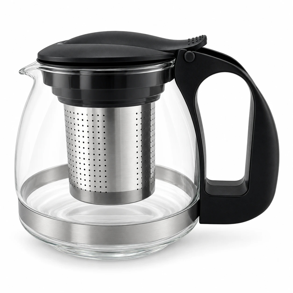 Çelik Süzgeçli Cam Demlik 700 ml - Siyah Kapaklı ve Saplı Çay Demliği