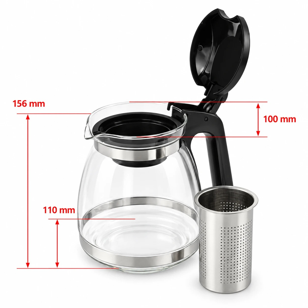 Çelik Süzgeçli Cam Demlik 1500 ml - Siyah Kapaklı ve Saplı Çay Demliği