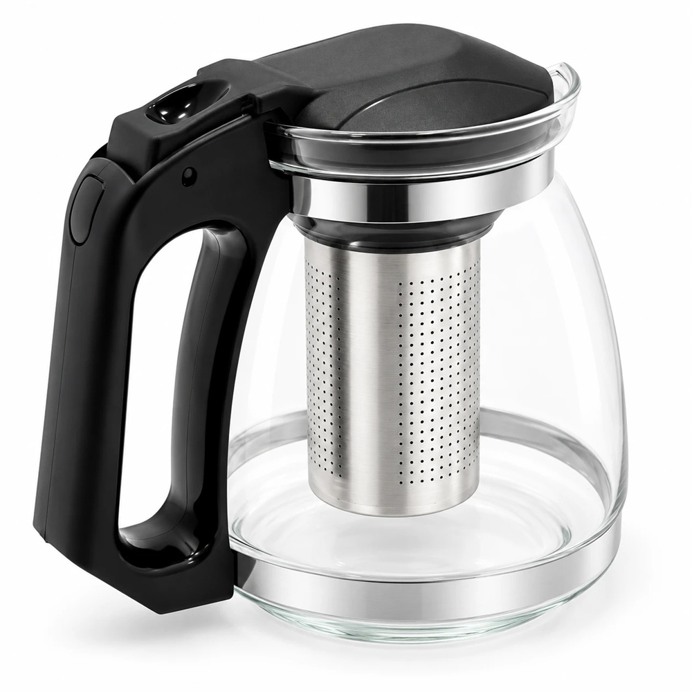 Çelik Süzgeçli Cam Demlik 1500 ml - Siyah Kapaklı ve Saplı Çay Demliği