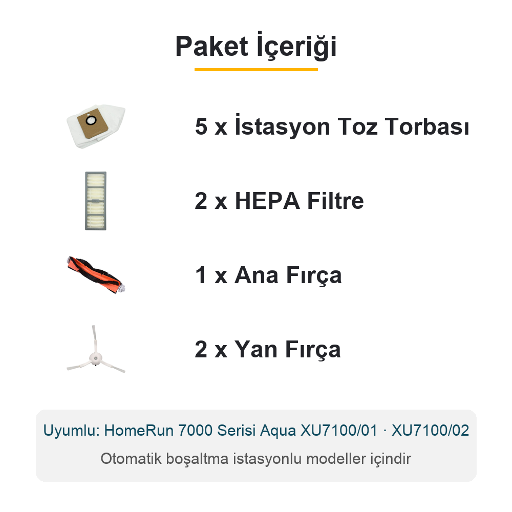Philips Uyumlu HomeRun 7000 Serisi Aqua XU7100 Robot Süpürge 5 Torba, 2 Hepa, Ana Fırça, 2 Yan Fırça
