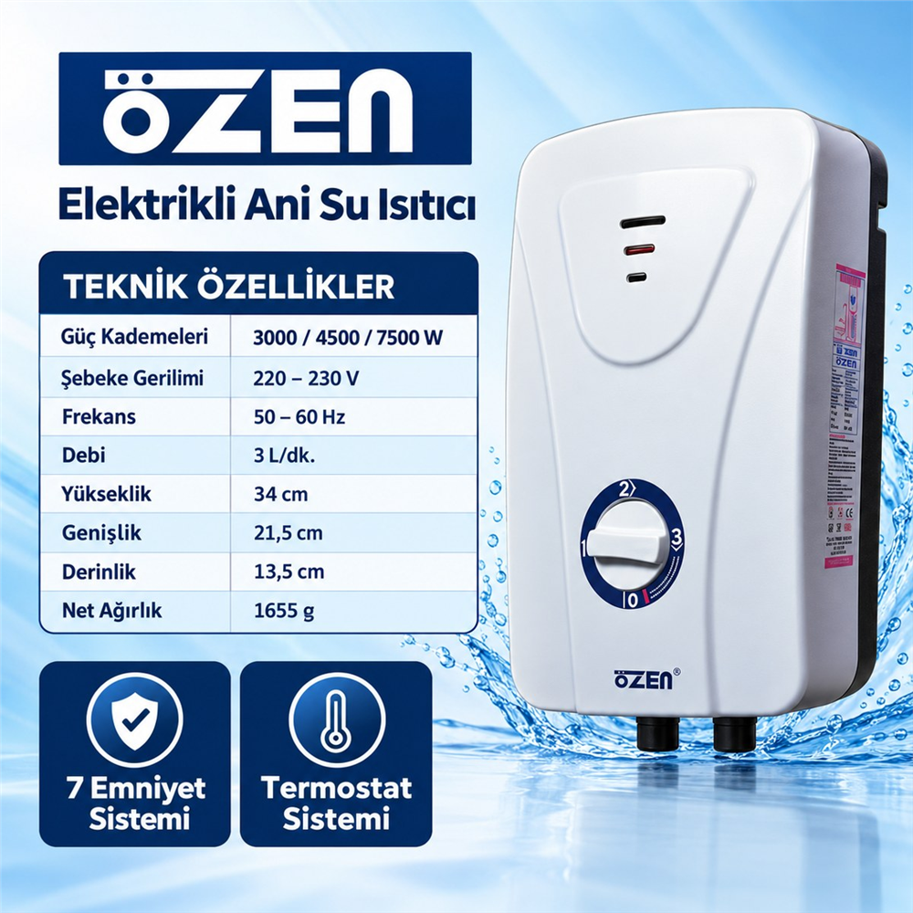 Özen Elektrikli Ani Su Isıtıcı Şofben 7500 W - 3 Kademeli, 7 Emniyet Sistemli, Termostatlı