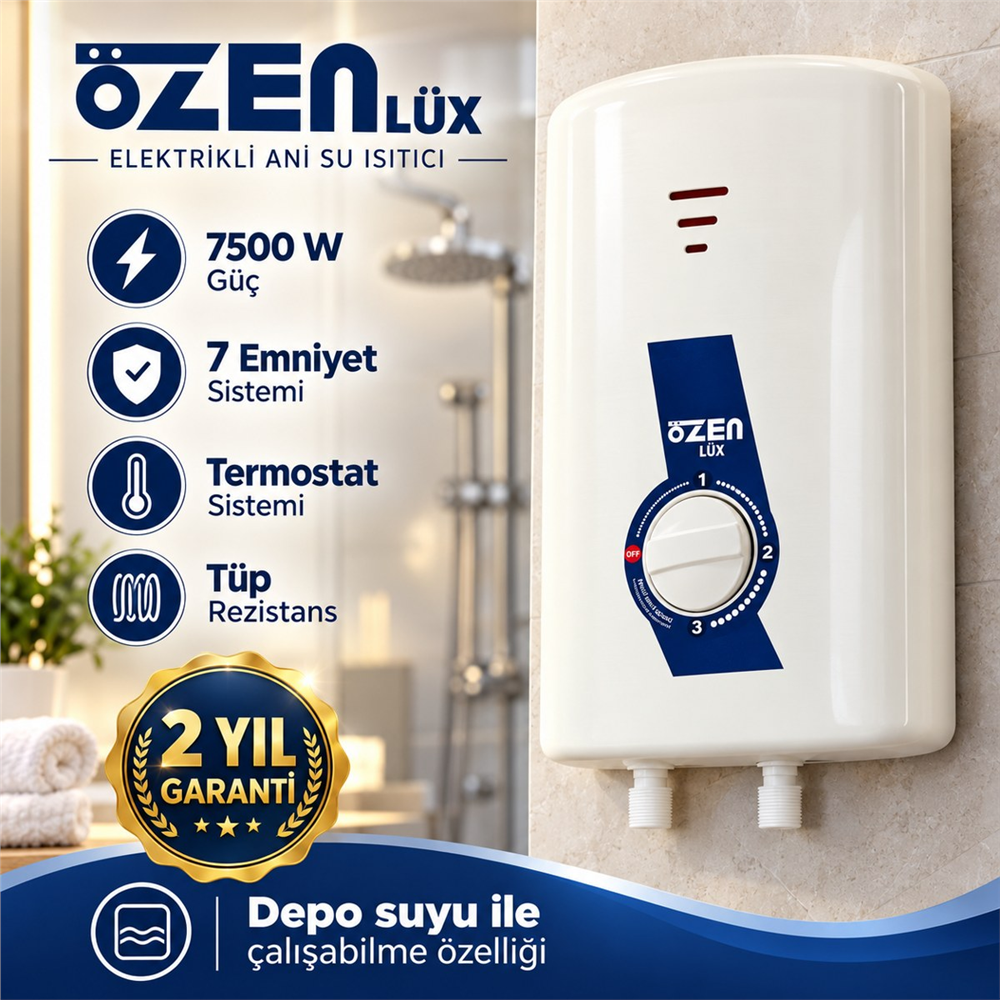 Özen Lüx Elektrikli Ani Su Isıtıcı Şofben 7500 W - 3 Kademeli, 7 Emniyet Sistemli, Termostatlı