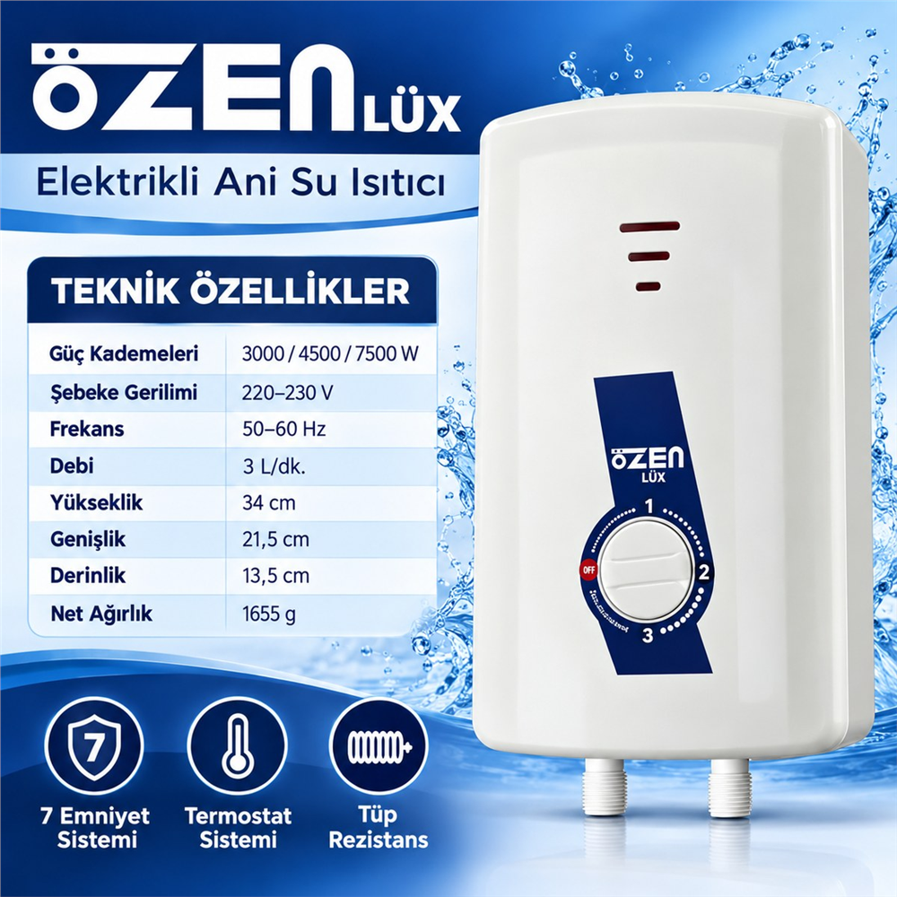 Özen Lüx Elektrikli Ani Su Isıtıcı Şofben 7500 W - 3 Kademeli, 7 Emniyet Sistemli, Termostatlı