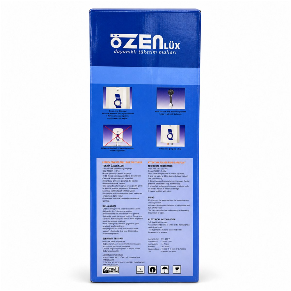Özen Lüx Elektrikli Ani Su Isıtıcı Şofben 7500 W - 3 Kademeli, 7 Emniyet Sistemli, Termostatlı